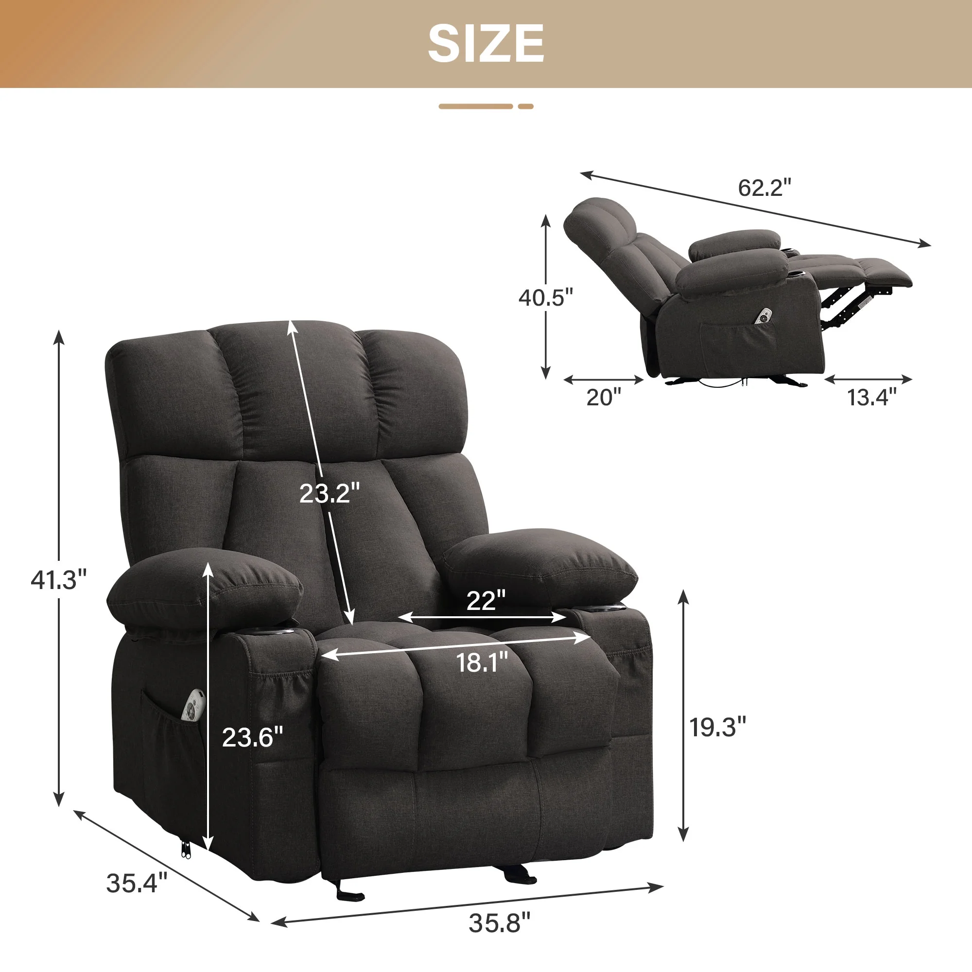 JONPONY Manual Recliner Chair with Heat Therapy and Massage Function, Heavy Duty Reclining Mechanism Massage Chair, Elderly Single Rocker Sofa with Cup Holders for Bedroom Home Theater,Grey