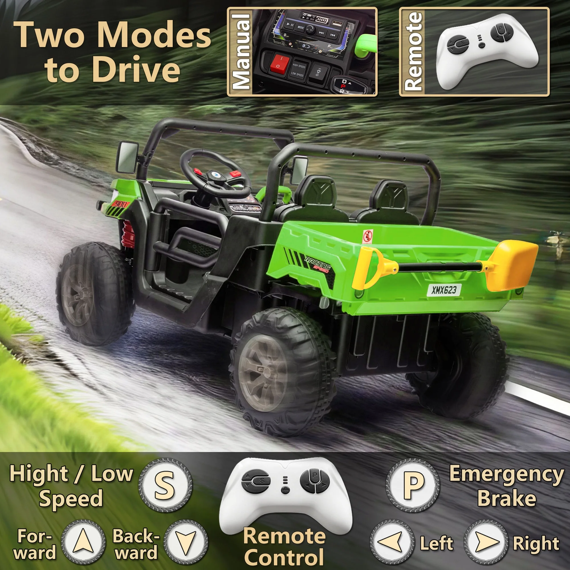 Xuanlur 24V 2 Seater Kids Ride on Car Truck, Ride on UTV W/ 2x200W Motor, 24 Volt Ride on Toys W/ Dump Bed/Shovel, Electric Car for Kids W/ Durable Tires, LED Light, Music, Remote Control, Black