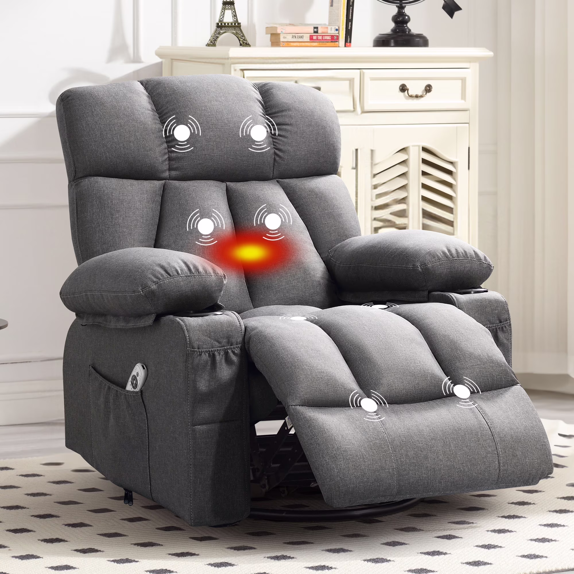 JONPONY Manual Recliner Chair with Heat Therapy and Massage Function, Heavy Duty Reclining Mechanism Massage Chair, Elderly Single Rocker Sofa with Cup Holders for Bedroom Home Theater,Grey