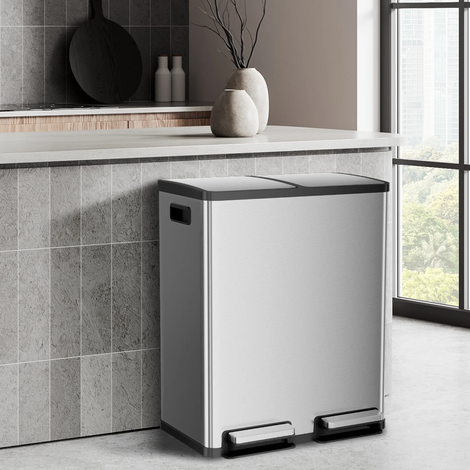 GIANNA Kitchen Trash Can with Soft-Close Foot Pedal, 60 Liter Large Stainless Waste Bin, For Home Kitchen Office, Silver