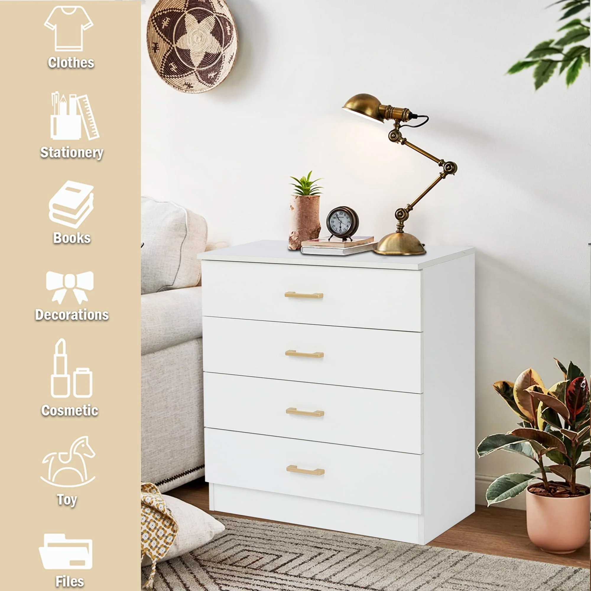 SESSLIFE Dresser for Bedroom, Wood 4 Drawer Dresser Storage Drawer, White Living Room Hallway Closets Drawer Chest, TE3079