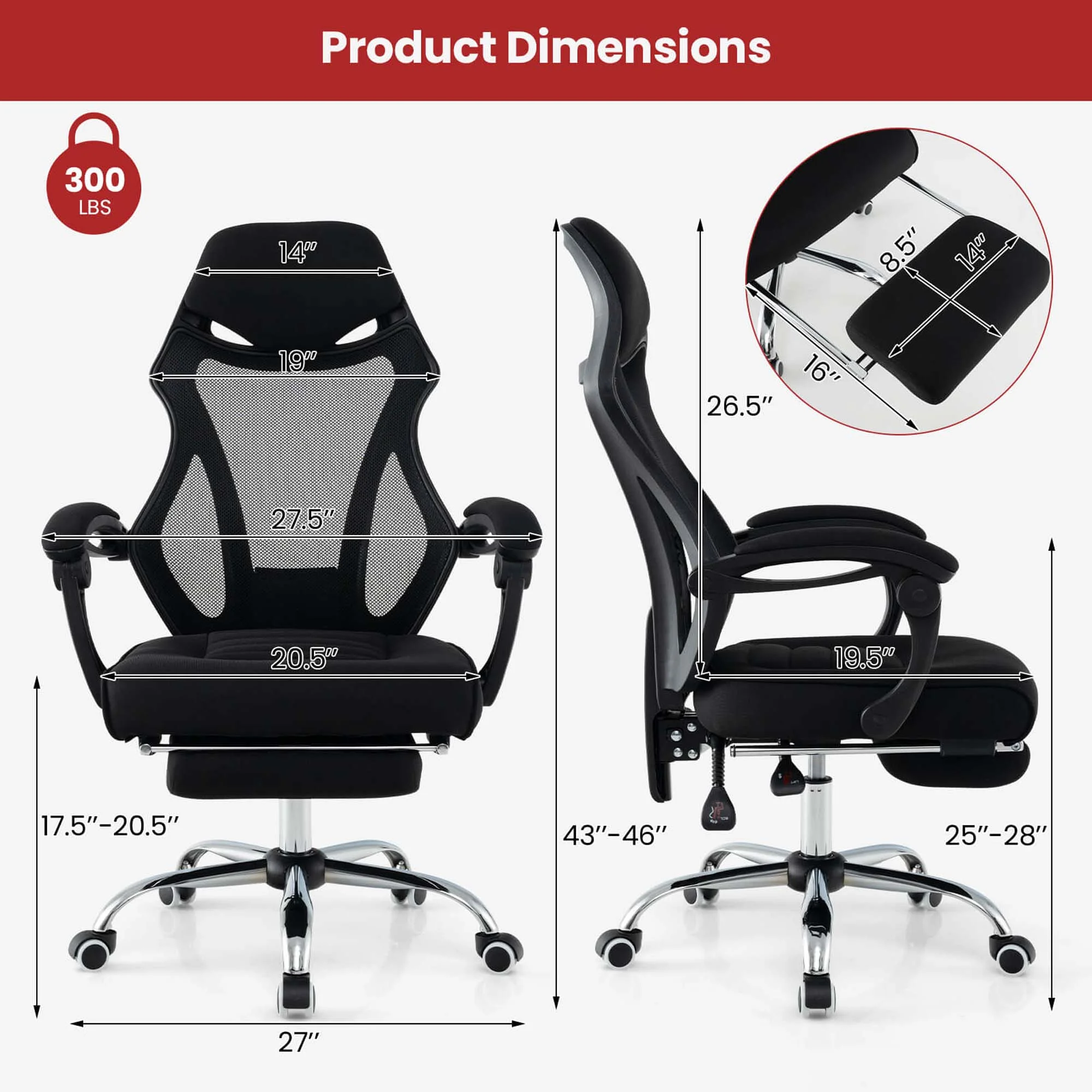 Costway Ergonomic Mesh Office Chair with Footrest Height-Adjustable & Tilting Backrest