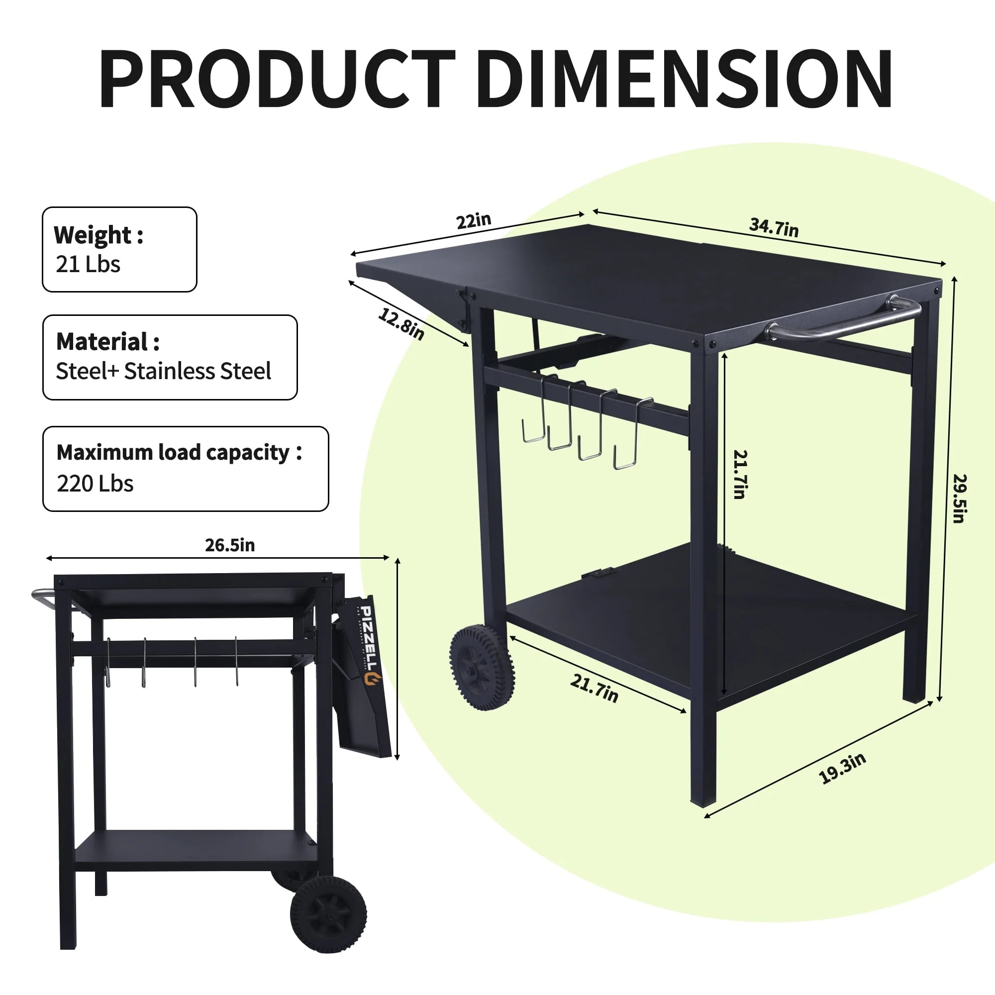 Pizzello Outdoor Grill Pizza Oven Food Prep Bbq Cart Stand Table with Storage Wheels Expandable Countertop, Black
