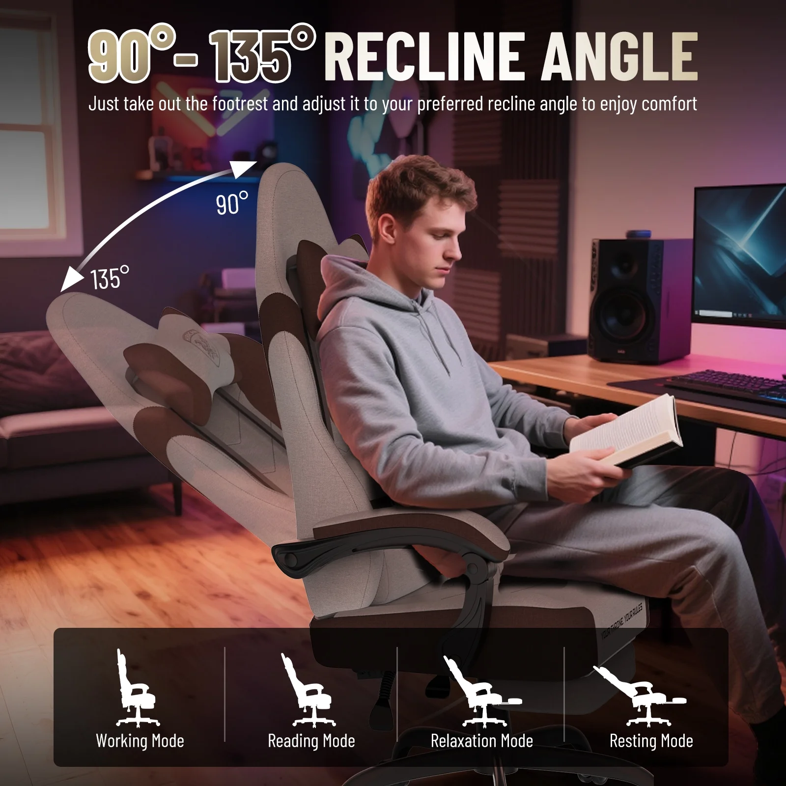 SOONTRANS Gaming Chair for Adults, Ergonomic Linen Fabric Computer Chair with Massage Lumbar Pillow, Gamer Game Chair with Adjustable Headrest, Comfortable Office Chair for Home, White