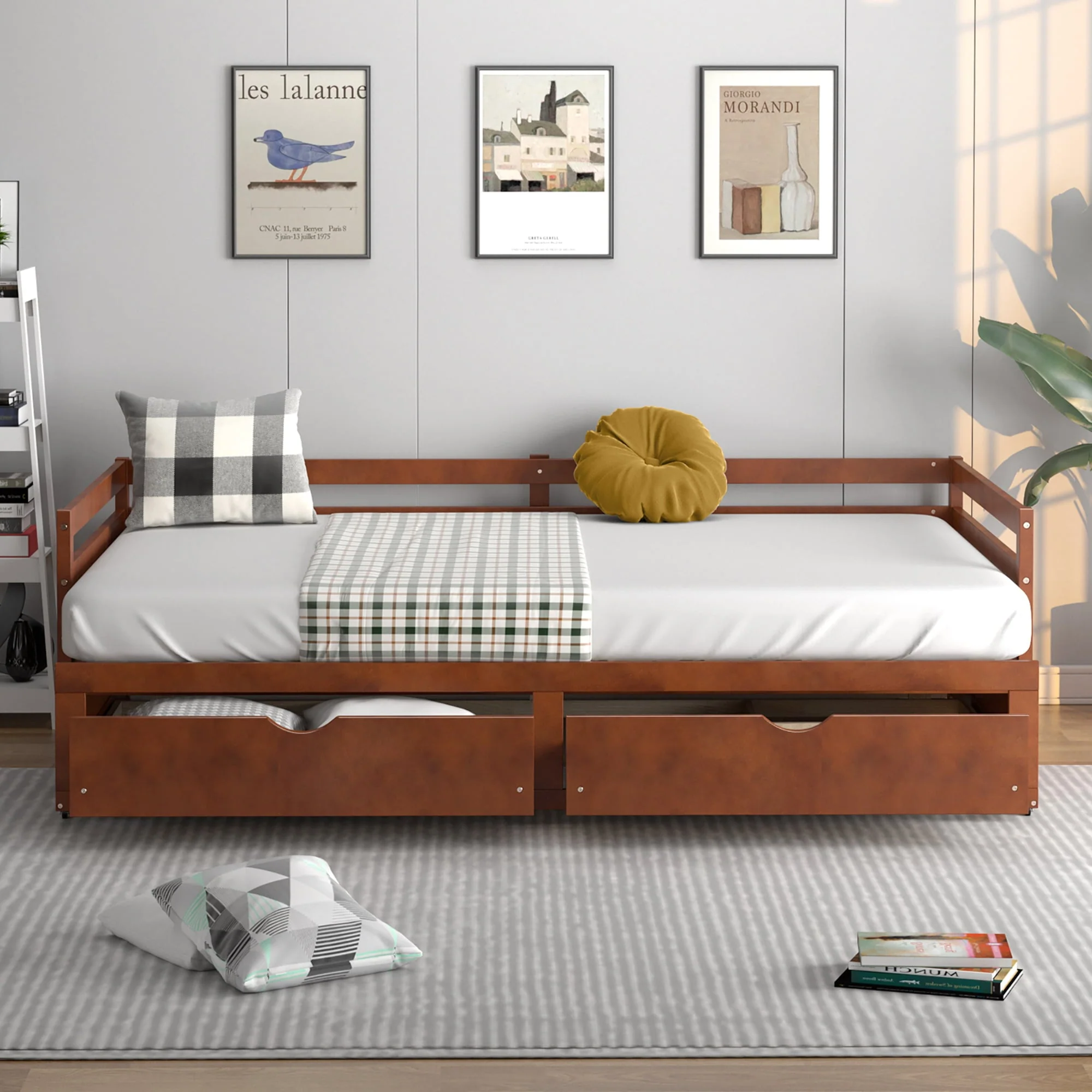 Costway Twin to King Daybed with  2 Drawers Wooden Sofa Bed for Bedroom Living Room Cherry