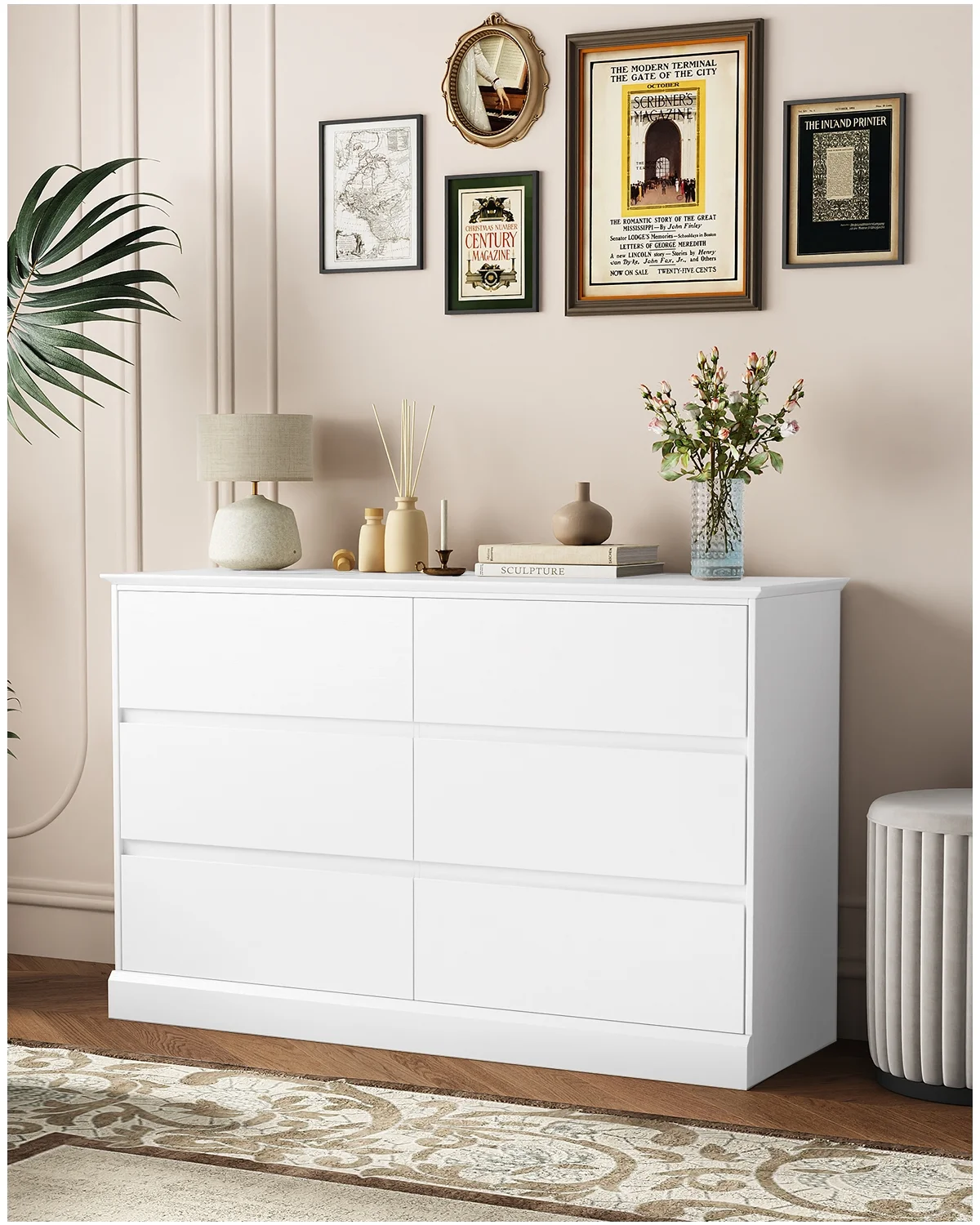 White Dressers Bedroom Dresser 6 Drawer Storage Chest of Drawers Double Dresser Storage Side Cabinet Room Furniture for Bedroom Living Room