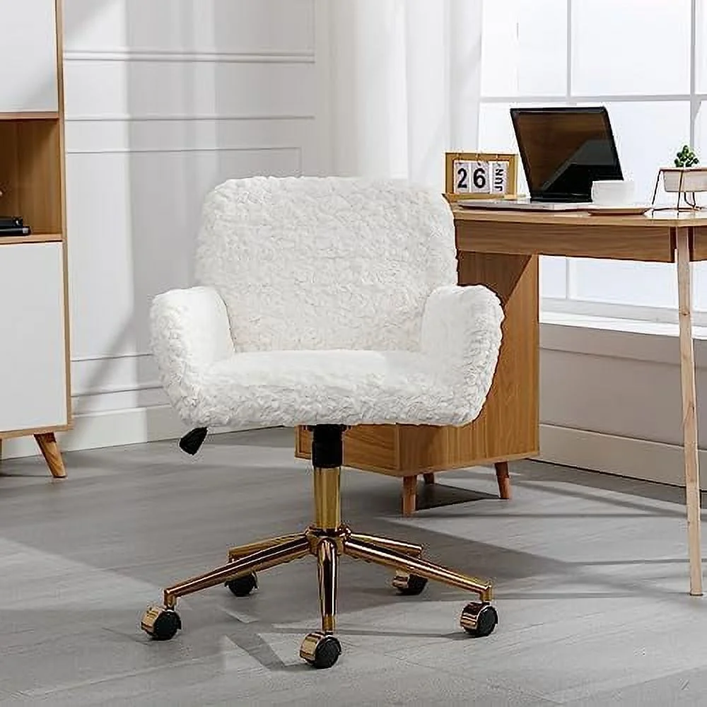 Fluffy Desk Chair,Height Adjustable Vanity Chair with Wheels,Comfortable Faux Fur Desk Chair with goldenn Base, Arm Chair for Bedroom,Living Room,Vanity,Office