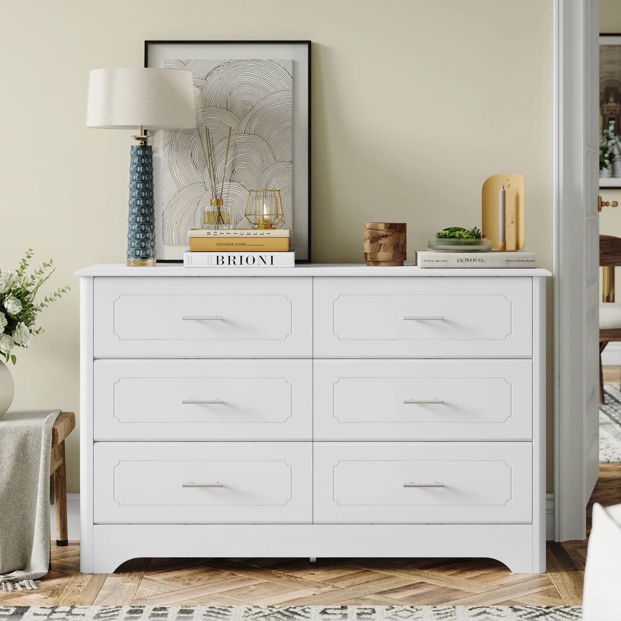 Homfa Double Dresser with 6 Drawer, White Horizontal Dresser Chest for Bedroom