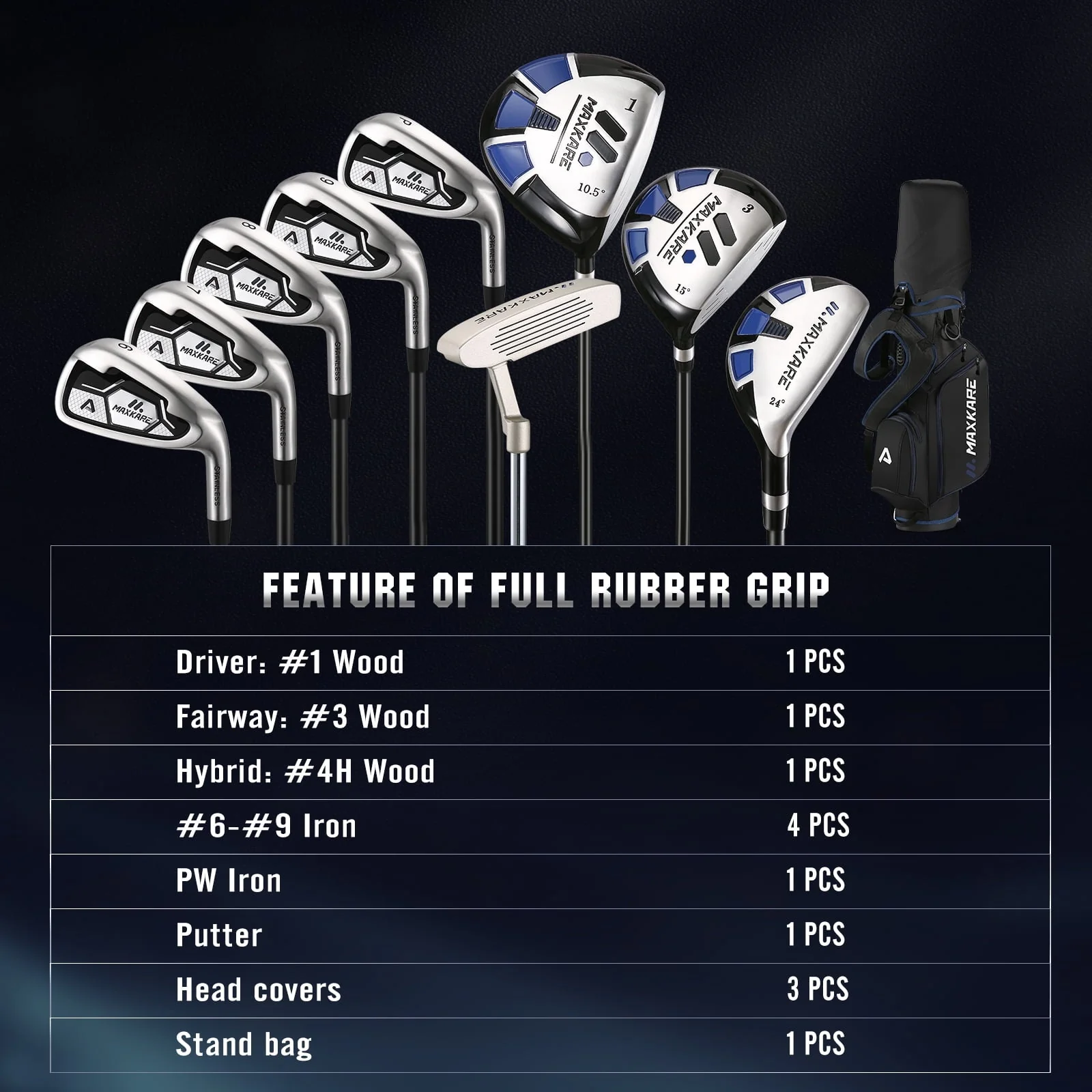 MaxKare Complete Golf Clubs Set Golf Men's Regular 13-Piece Complete Set Includes Driver, Fairway Wood, Hybrids, 6-9 Irons, PW, Putter, Stand Bag, 3 Head Covers - Right Hand