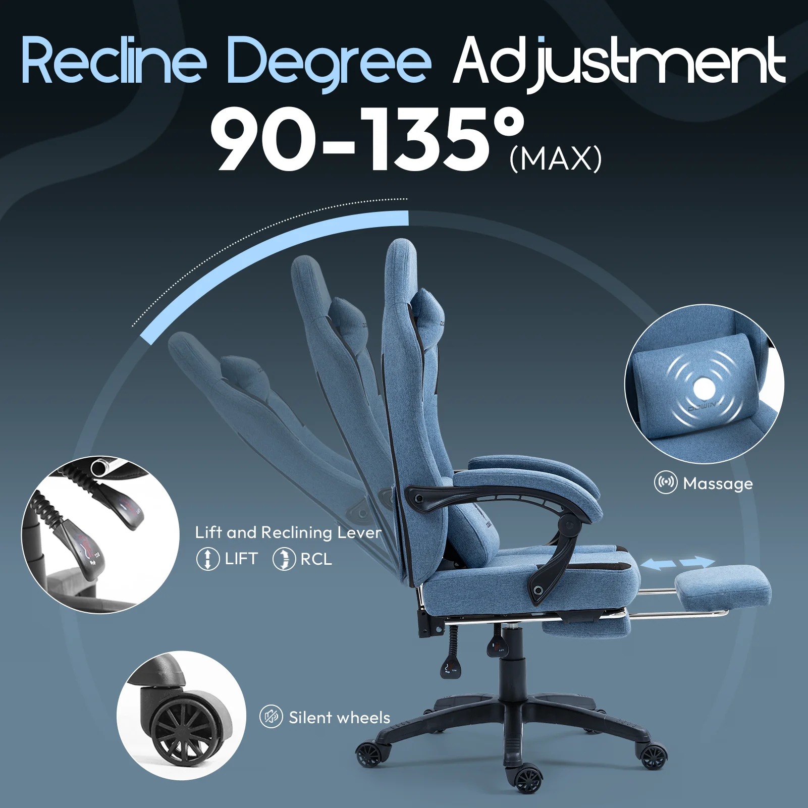 GOOSEA Fabric Gaming Chair with Pocket Spring Cushion, Breathable Computer Chair with Massage Lumbar Support and Footrest, High Back Office Chair for Adults, 300lbs, Grey