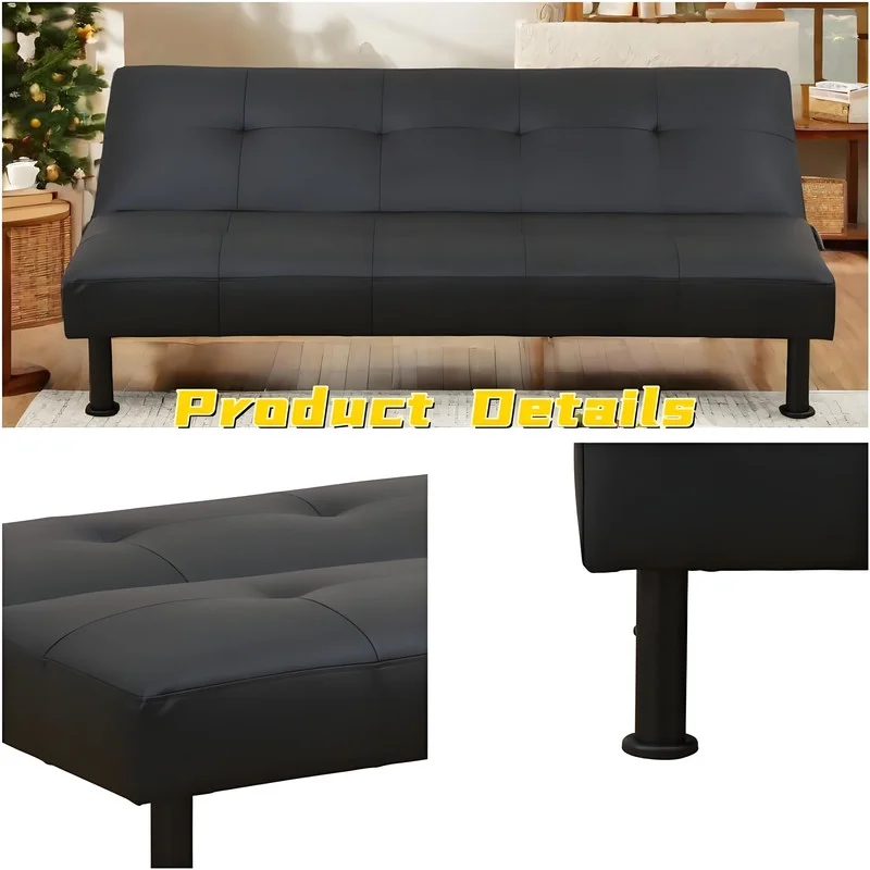 Couches for Living Room Upholstered Convertible Folding Futon Sofa Bed Modern Small Faux Leather Sleeper Sofa Love Seat for Bedroom, Apartment, Black
