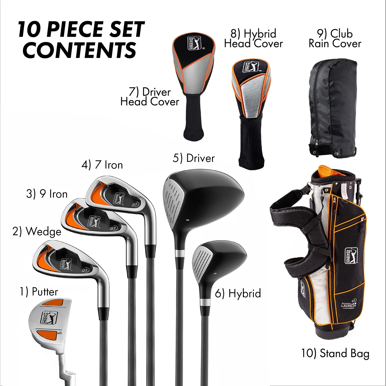 PGA Tour Right-Handed 10 Piece Kids Golf Club Stand Bag Set; Player Height 4'8 - 5'2