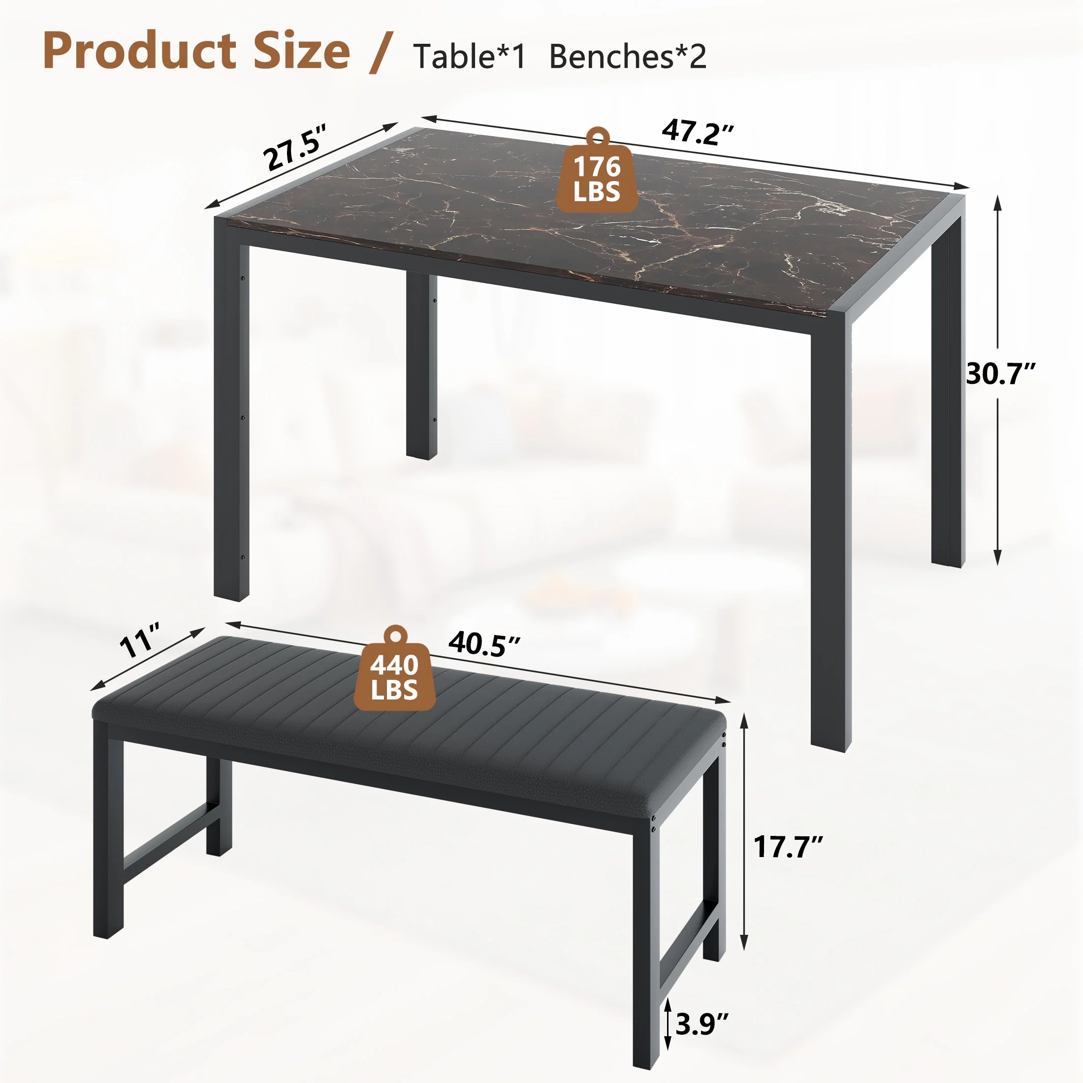 UHOMEPRO Dining Room Table Set, 3-Piece Dining Table Set with 2 Benches, Kitchen Table Set for 4 with Metal Frame, Modern Dining Room Set Furniture Set for Bar Dining Room Breakfast Nook, Black