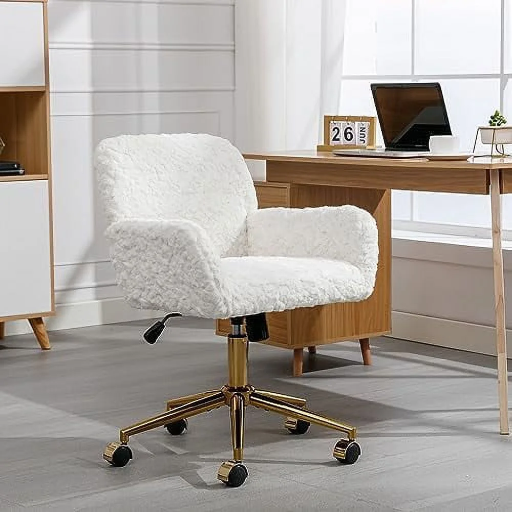 Fluffy Desk Chair,Height Adjustable Vanity Chair with Wheels,Comfortable Faux Fur Desk Chair with goldenn Base, Arm Chair for Bedroom,Living Room,Vanity,Office