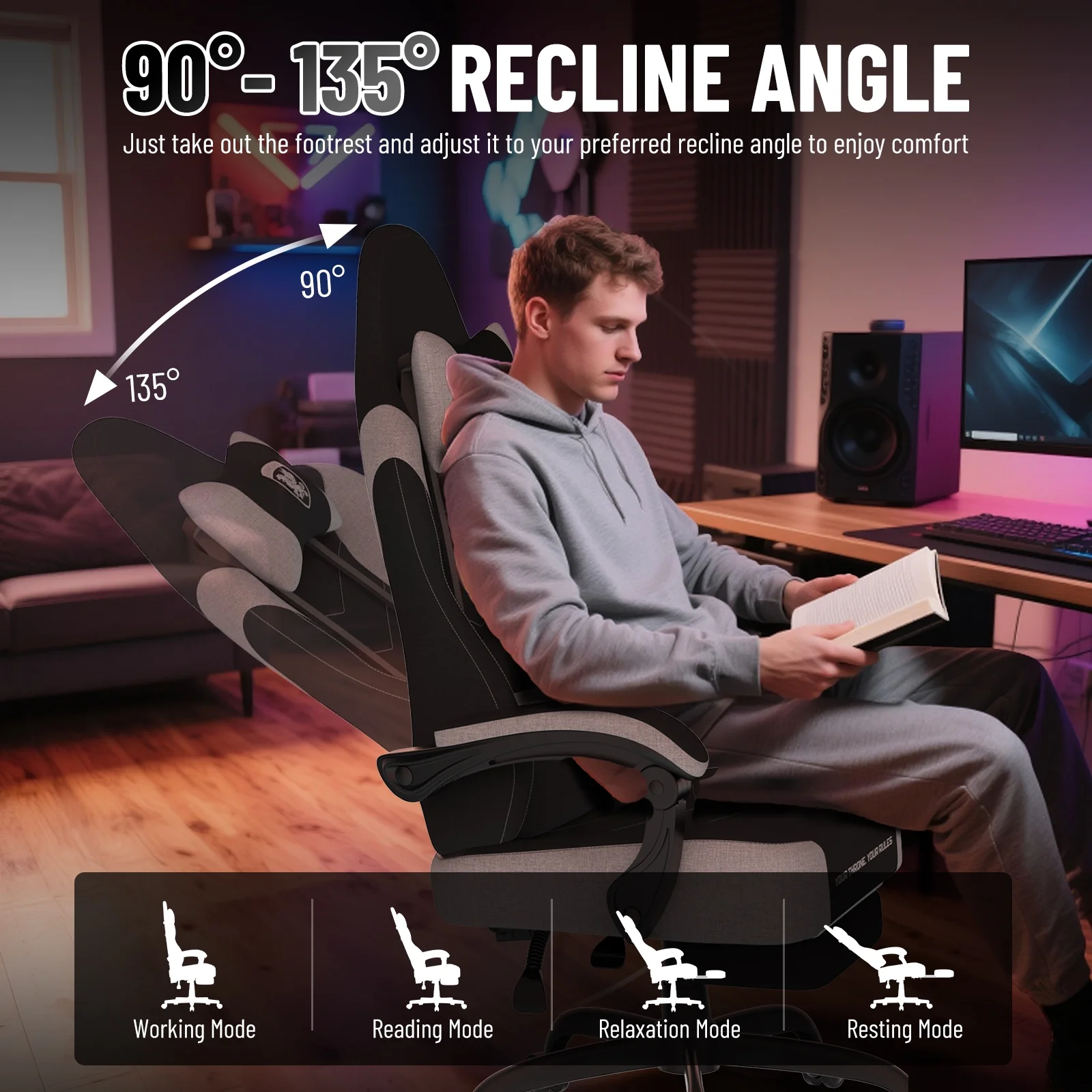 SOONTRANS Gaming Chair for Adults, Ergonomic Linen Fabric Computer Chair with Massage Lumbar Pillow, Gamer Game Chair with Adjustable Headrest, Comfortable Office Chair for Home, White