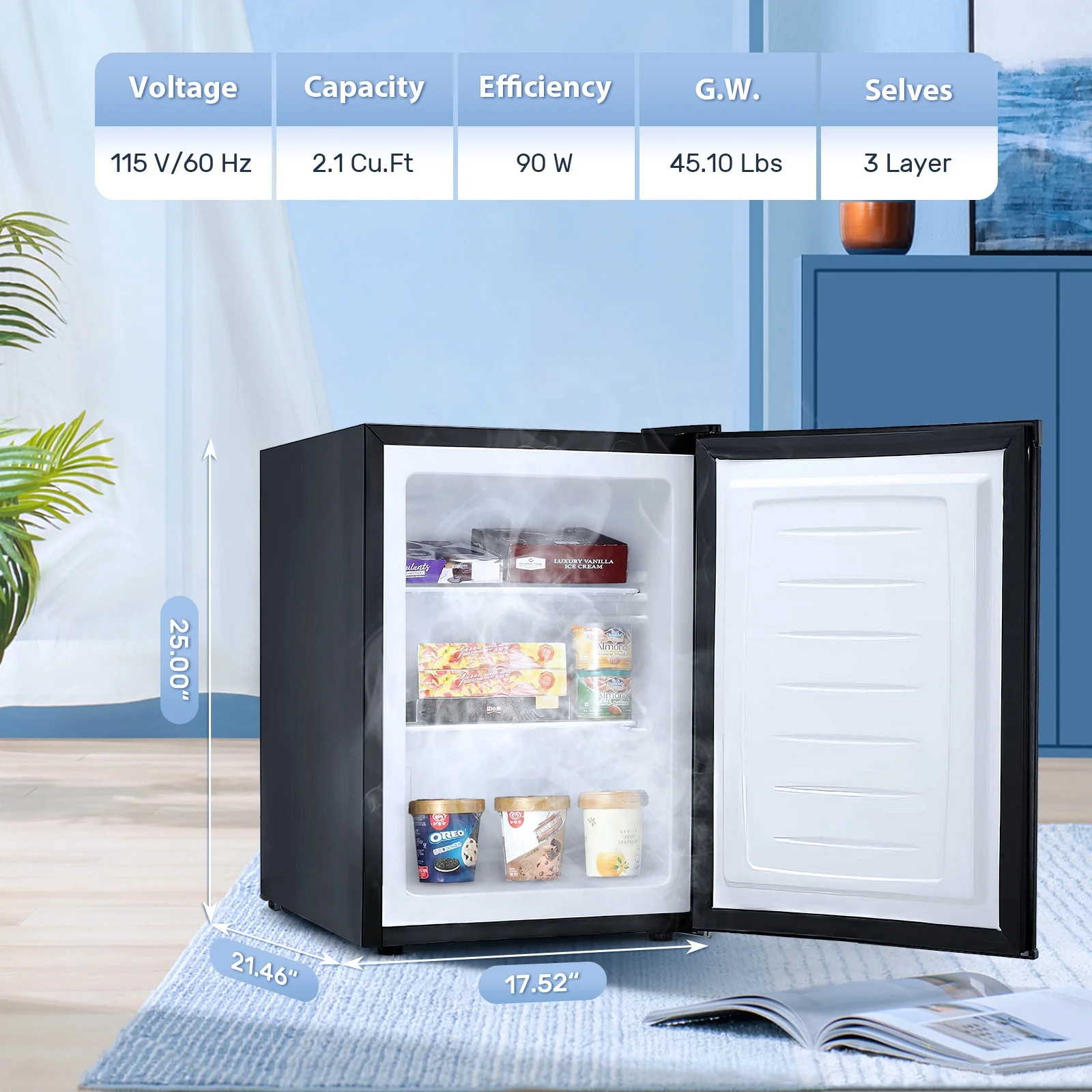 Auseo Mini Freezer Countertop, Energy Saving 2.6 Cu.ft, Single Door Compact Upright Freezer with Reversible Door for Home/Office/Kitchen-White