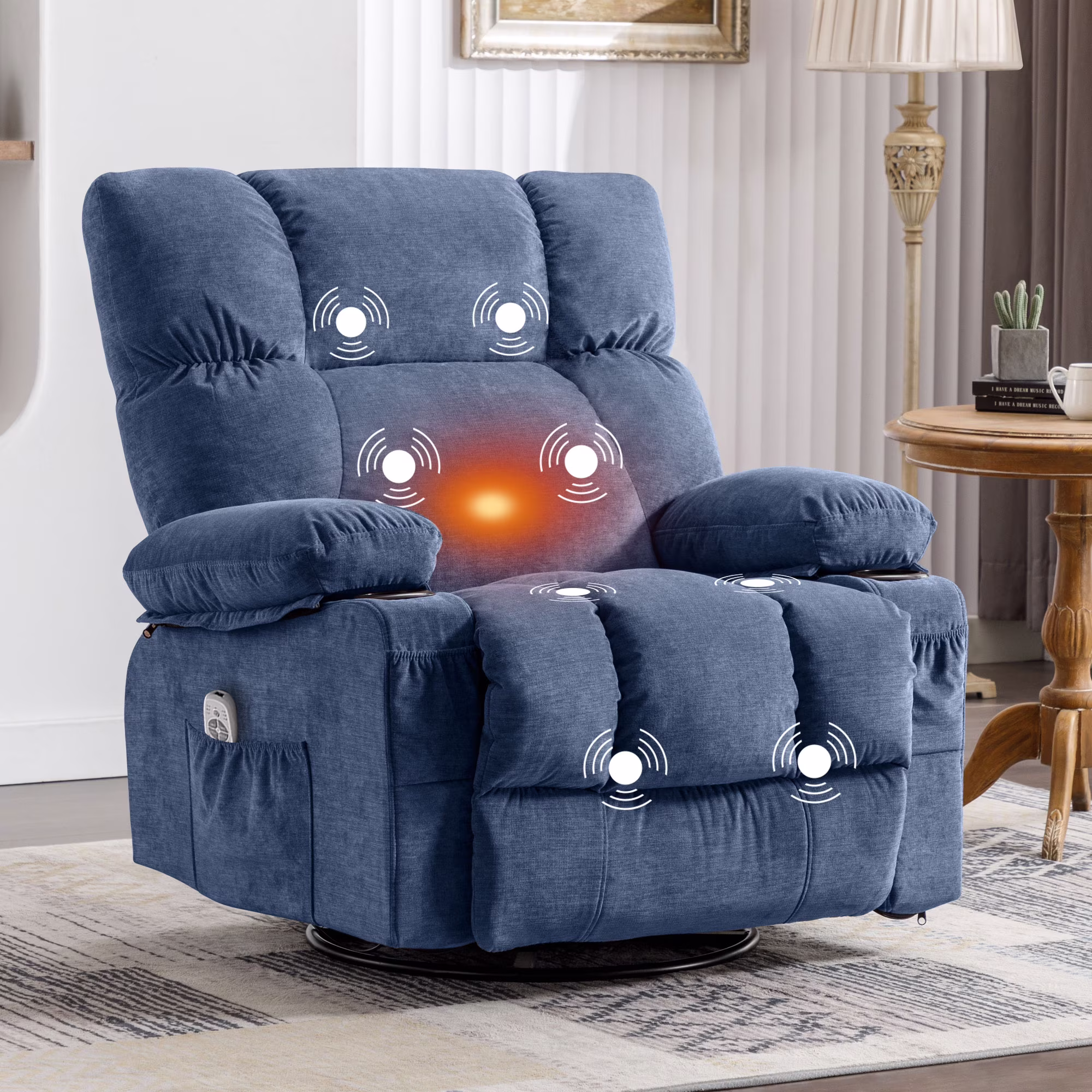 JONPONY Manual Recliner Chair with Heat Therapy and Massage Function, Heavy Duty Reclining Mechanism Massage Chair, Elderly Single Rocker Sofa with Cup Holders for Bedroom Home Theater,Grey