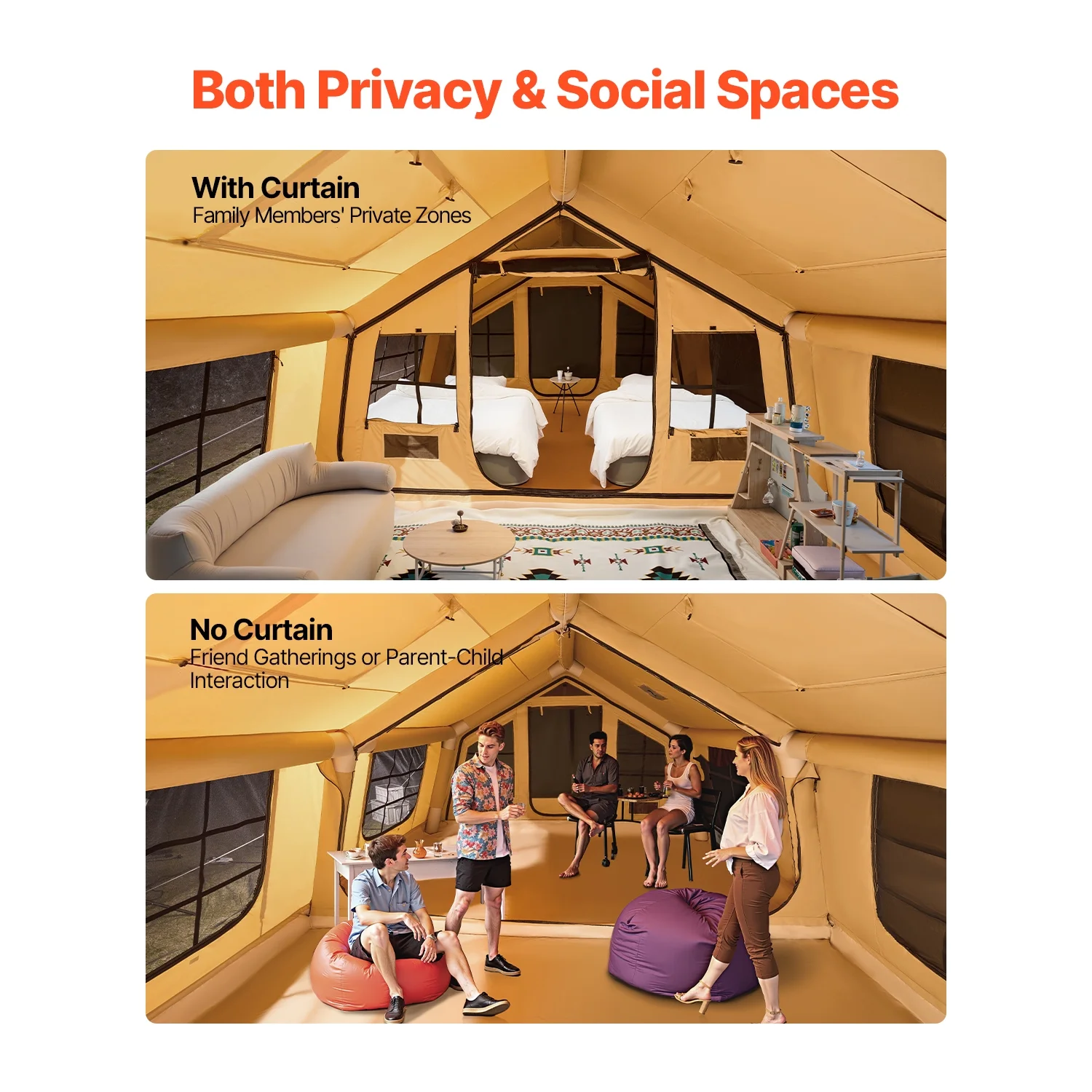 KFFKFF Inflatable Tent for Camping, 15.75 x 11.81 x 7.22 Ft Glamping Blow up Tent for 8-12 People, Air-Filled Camping Shelters, Outdoor Living Tent with Dual Sunroofs, Stove Jack