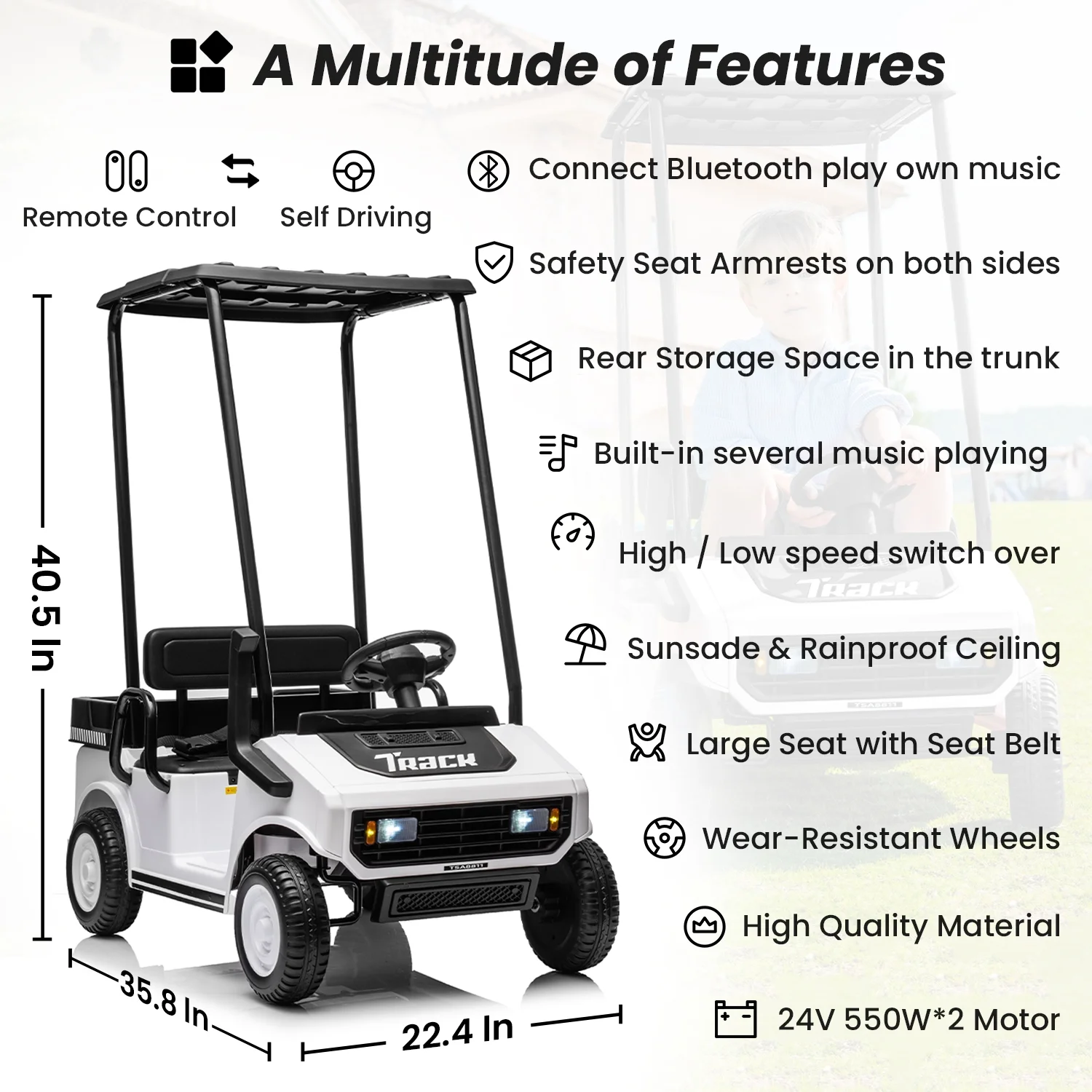 Track Seven 24V Ride on Car, Electric Golf Cart with Ceiling, Ride on Truck with Remote Control, Music, Rear Storage Box, Electric Car for Boys Girls Age 3+, 18.5