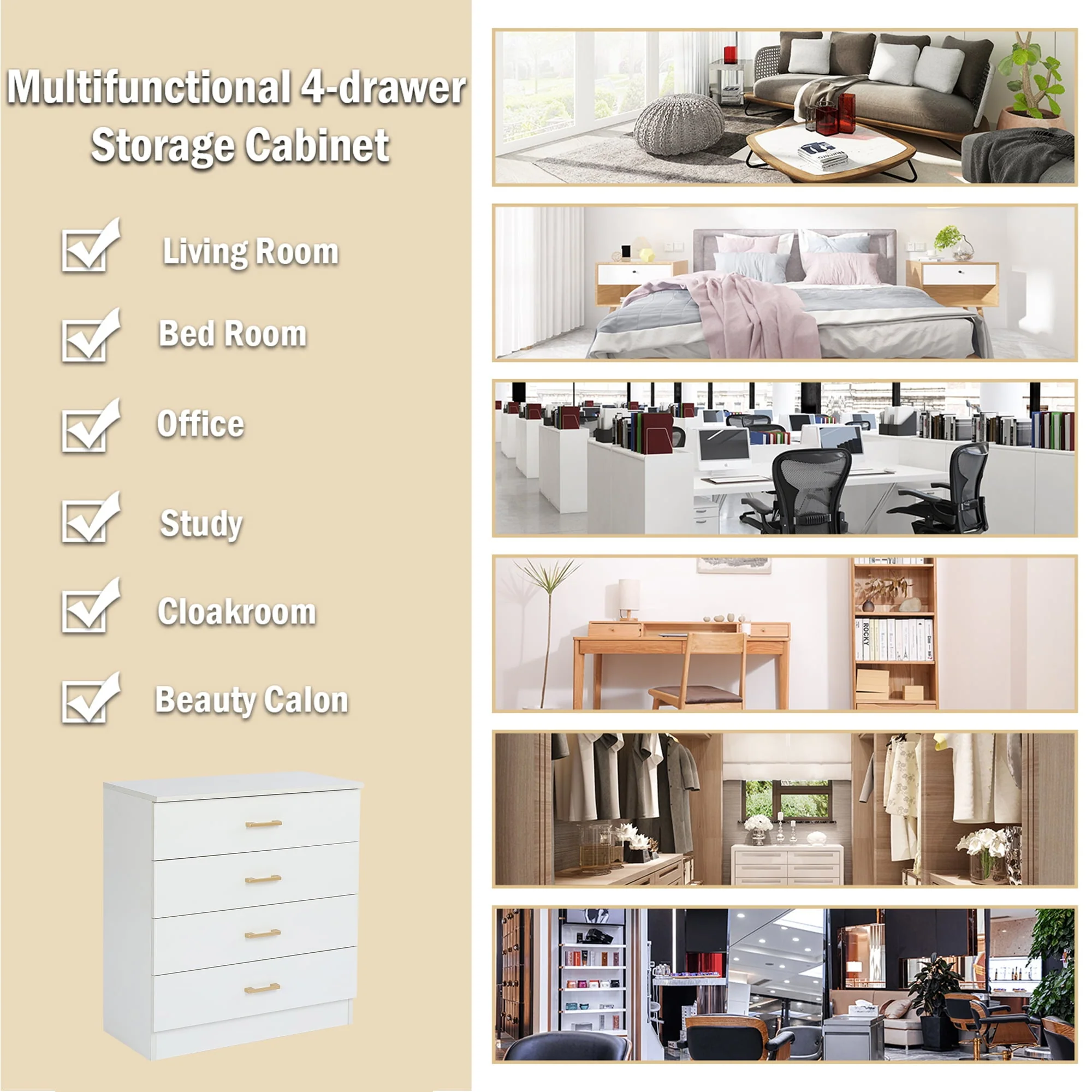 SESSLIFE Dresser for Bedroom, Wood 4 Drawer Dresser Storage Drawer, White Living Room Hallway Closets Drawer Chest, TE3079