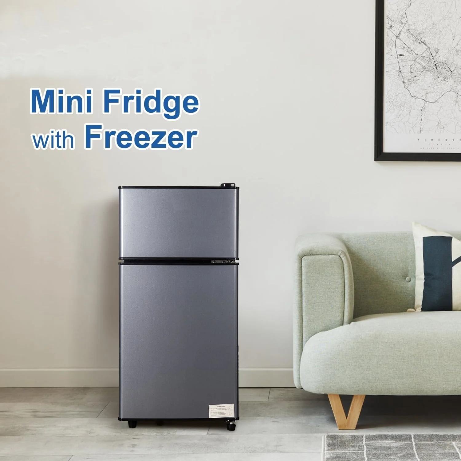 Kcpolre Mini Fridge with Freezer, 2.5 Cu.ft Small Fridge, Low Noise,7 Adjustable Thermostat, Double Door Small Refrigerator for Dorm, Bedroom, Office, Blue