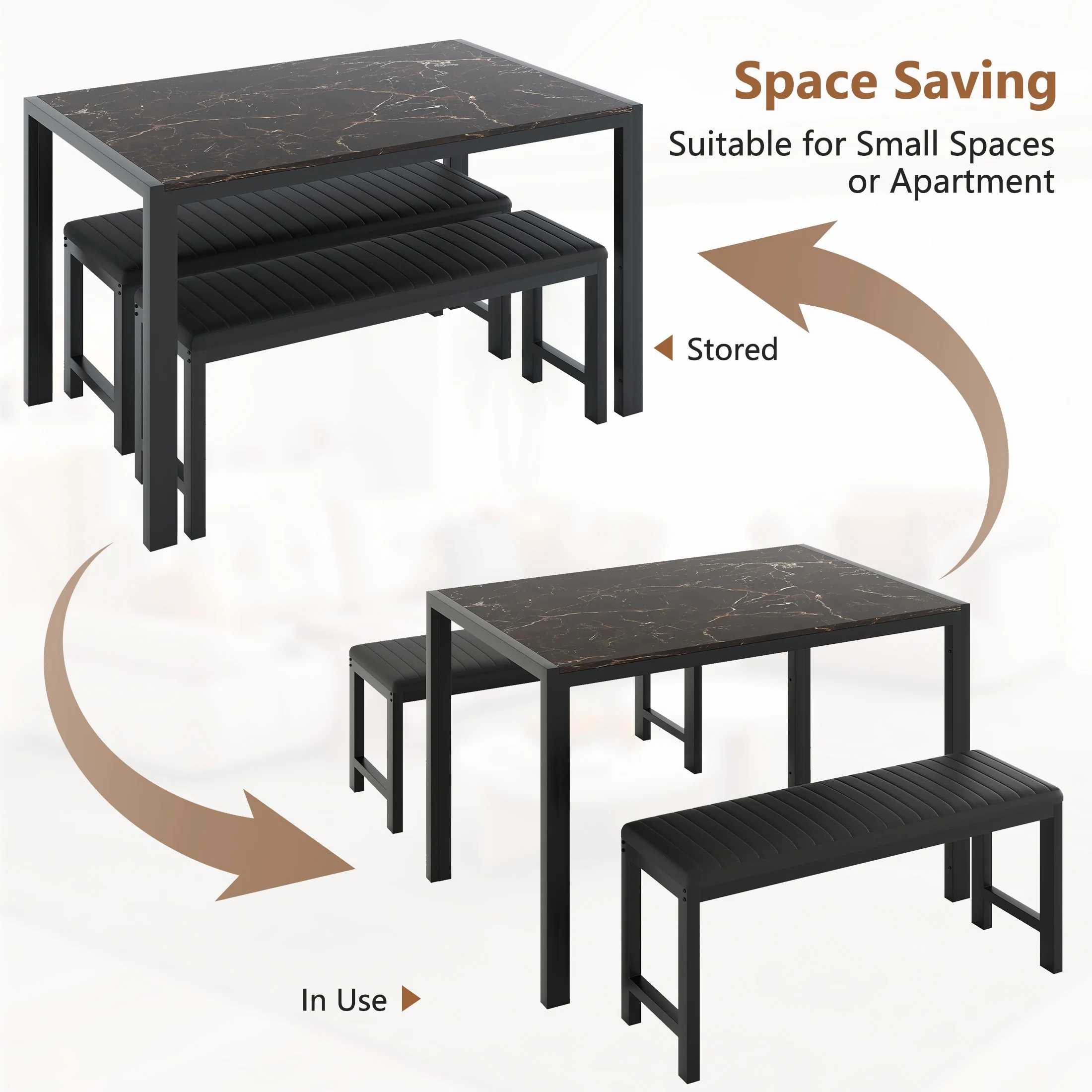 UHOMEPRO Dining Room Table Set, 3-Piece Dining Table Set with 2 Benches, Kitchen Table Set for 4 with Metal Frame, Modern Dining Room Set Furniture Set for Bar Dining Room Breakfast Nook, Black