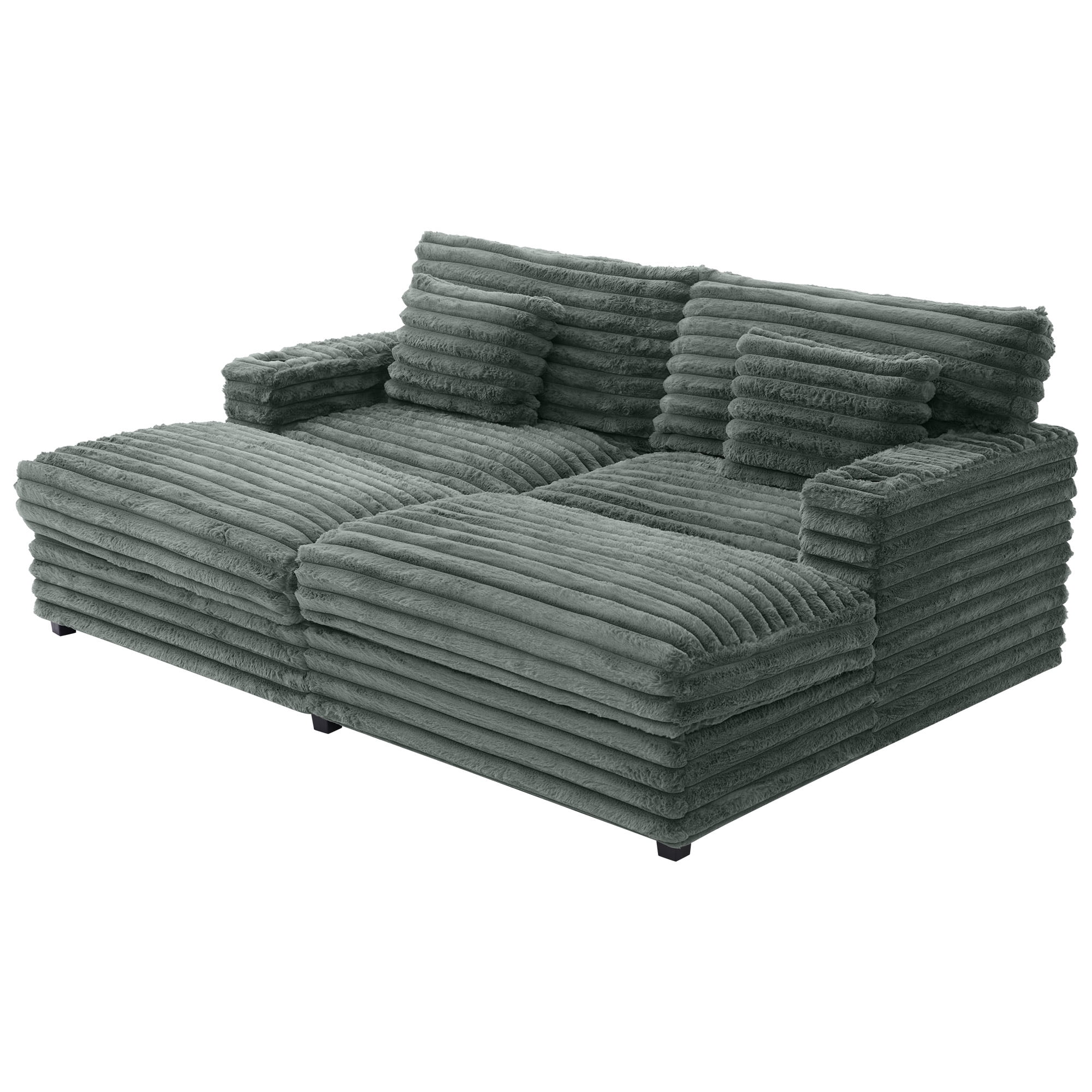 Oversized Double Chaise Lounge, Faux Fur Upholstered Deep Seat Sofa with 2 Pillows, 2 Cupholders, and Dual USB Ports