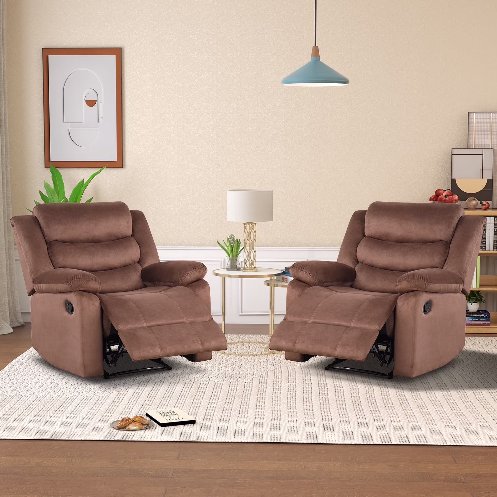 Bonzy Home Recliner Chairs for Living Room Overstuffed Breathable Fabric Reclining Chair Manual Sofa Brown