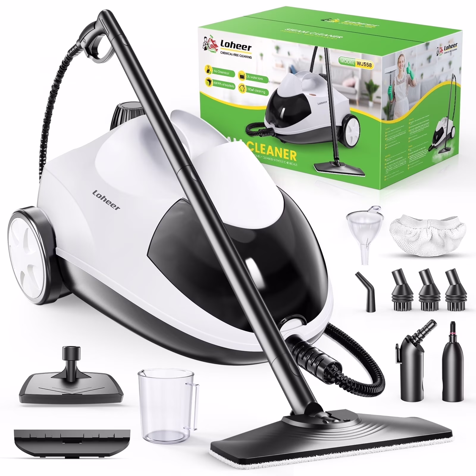 Loheer Steam Cleaner, 1500W Multipurpose Steamer for Cleaning with 15 Accessories,  2L Tank, Child Lock, Chemical-Free Cleaning, Steam Mop for Home, Car, and Furniture