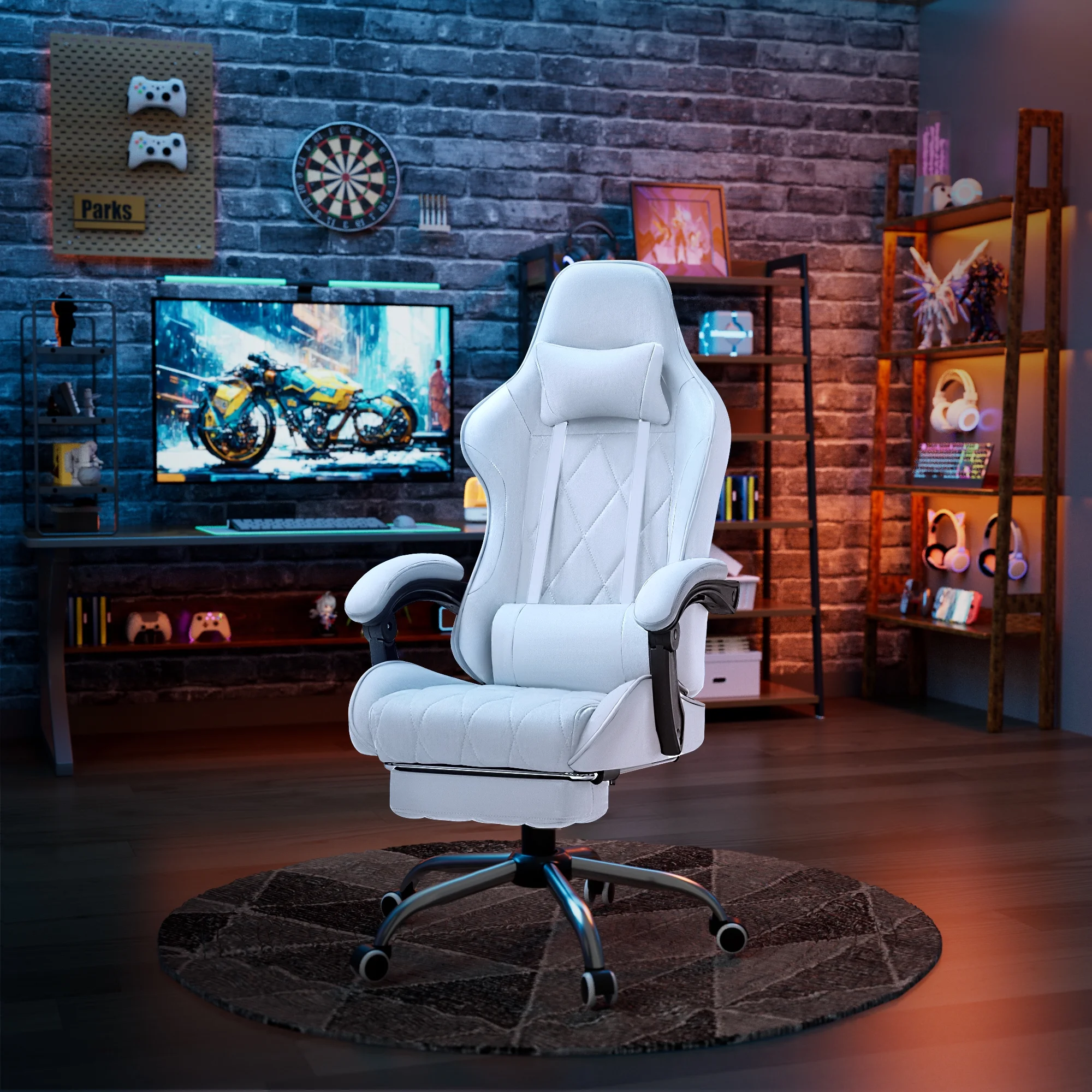 Homall Gaming Chair Fabric Computer Chair Massage Game Chair Cloth Office Chair with Headrest, Lumbar Support & Footrest,Gray