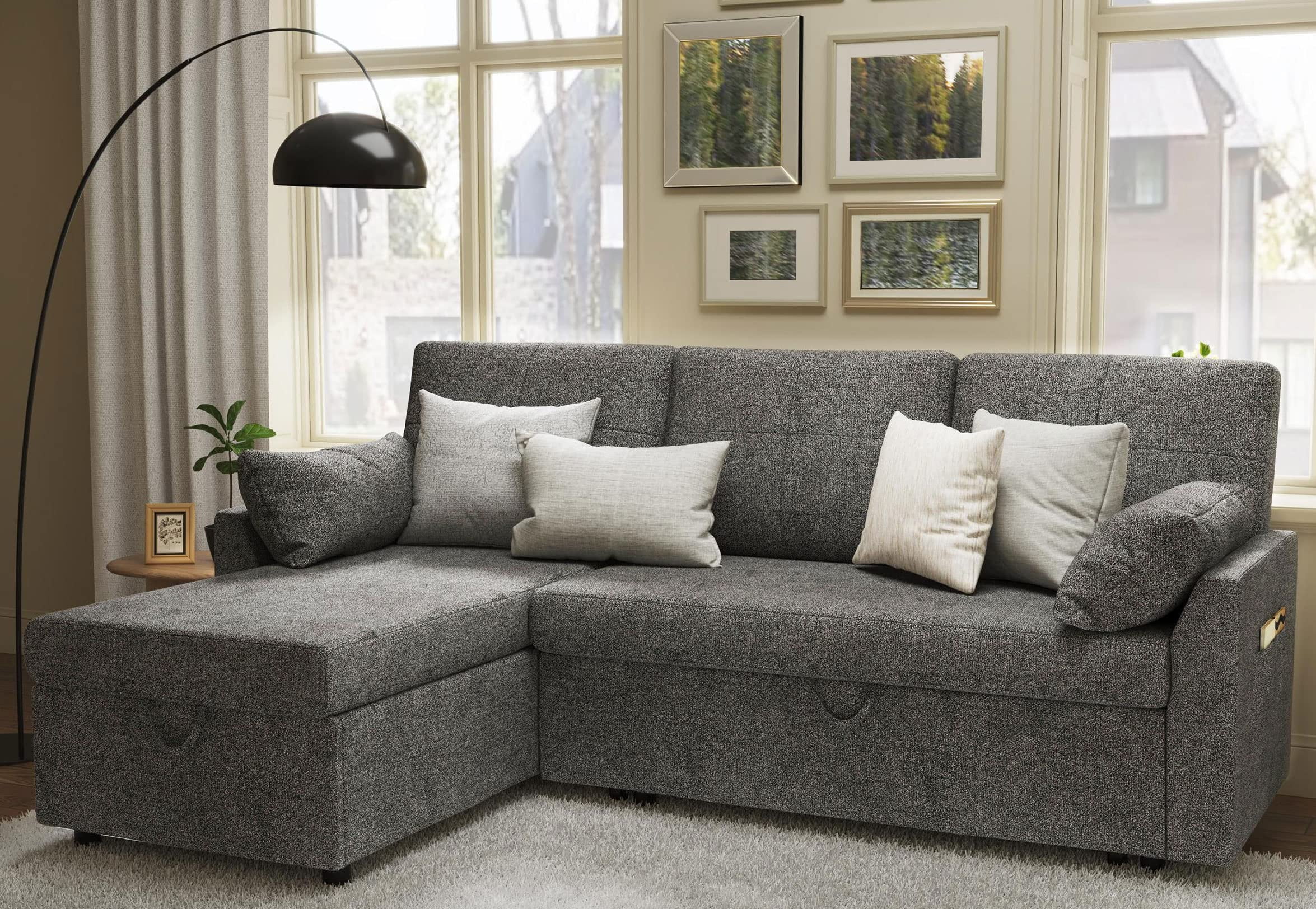 VANACC Sofa Bed, Adult Sleeper Sofa with Storage Chaise, Pull Out Couch for Bed Room, Gray Chenille