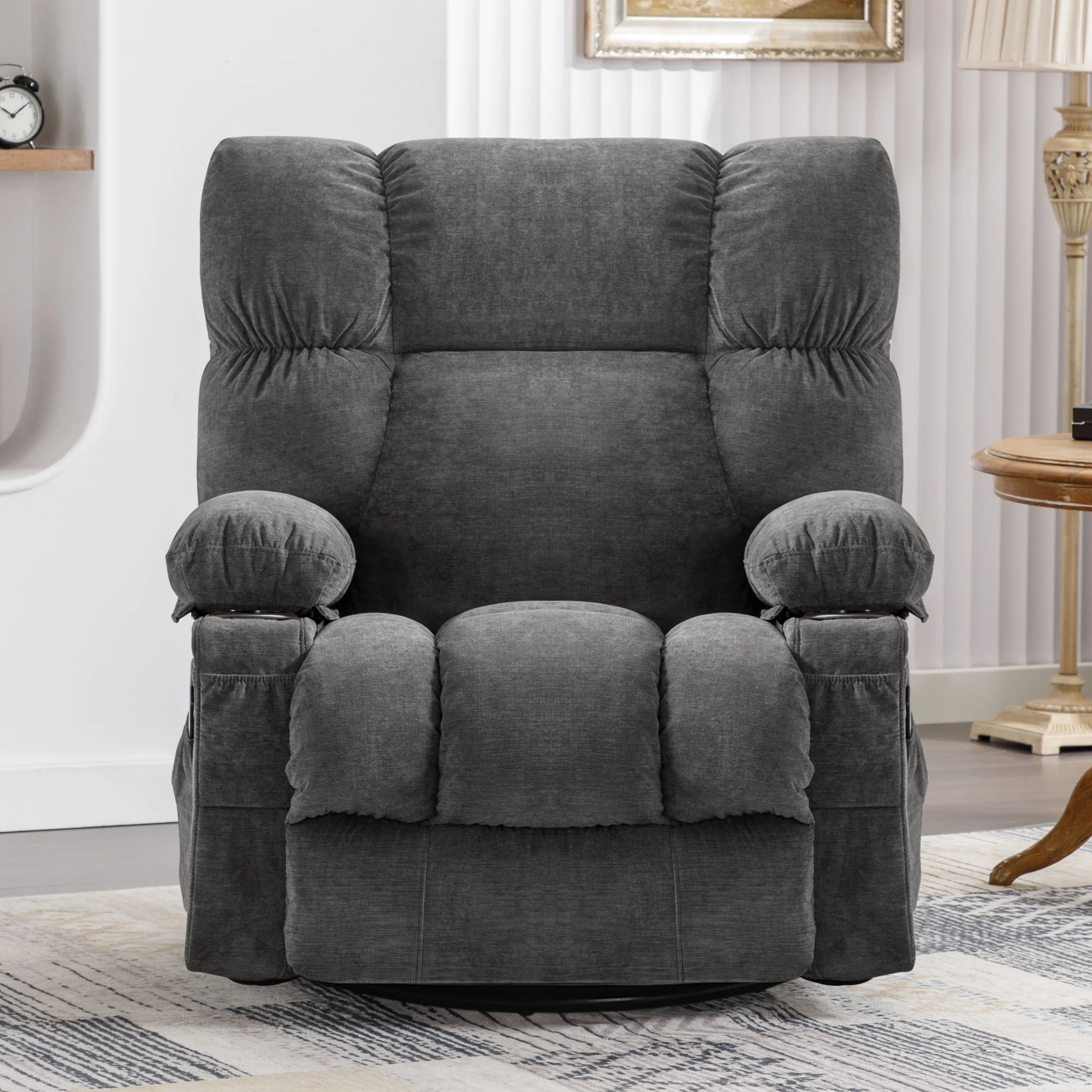 JONPONY Manual Recliner Chair with Heat Therapy and Massage Function, Heavy Duty Reclining Mechanism Massage Chair, Elderly Single Rocker Sofa with Cup Holders for Bedroom Home Theater,Grey