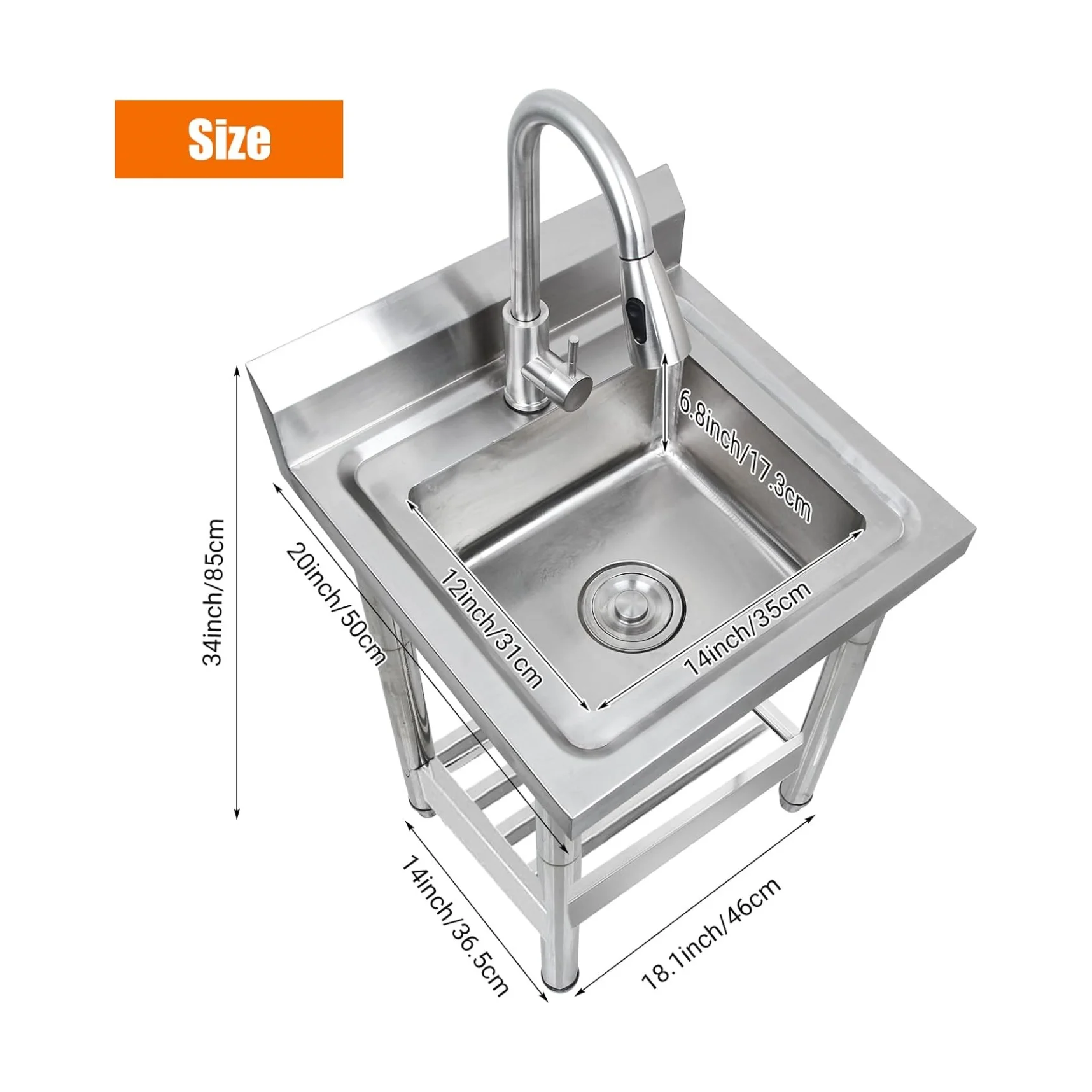 Free Standing Stainless-Steel Sink，Outdoor Kitchen Commercial Utility Sink Single Bowl Kitchen Sink,Portable Laundry Sink With Hot and Cold Water for Restaurant Indoor&Outdoor 20 * 20 * 31.5inch