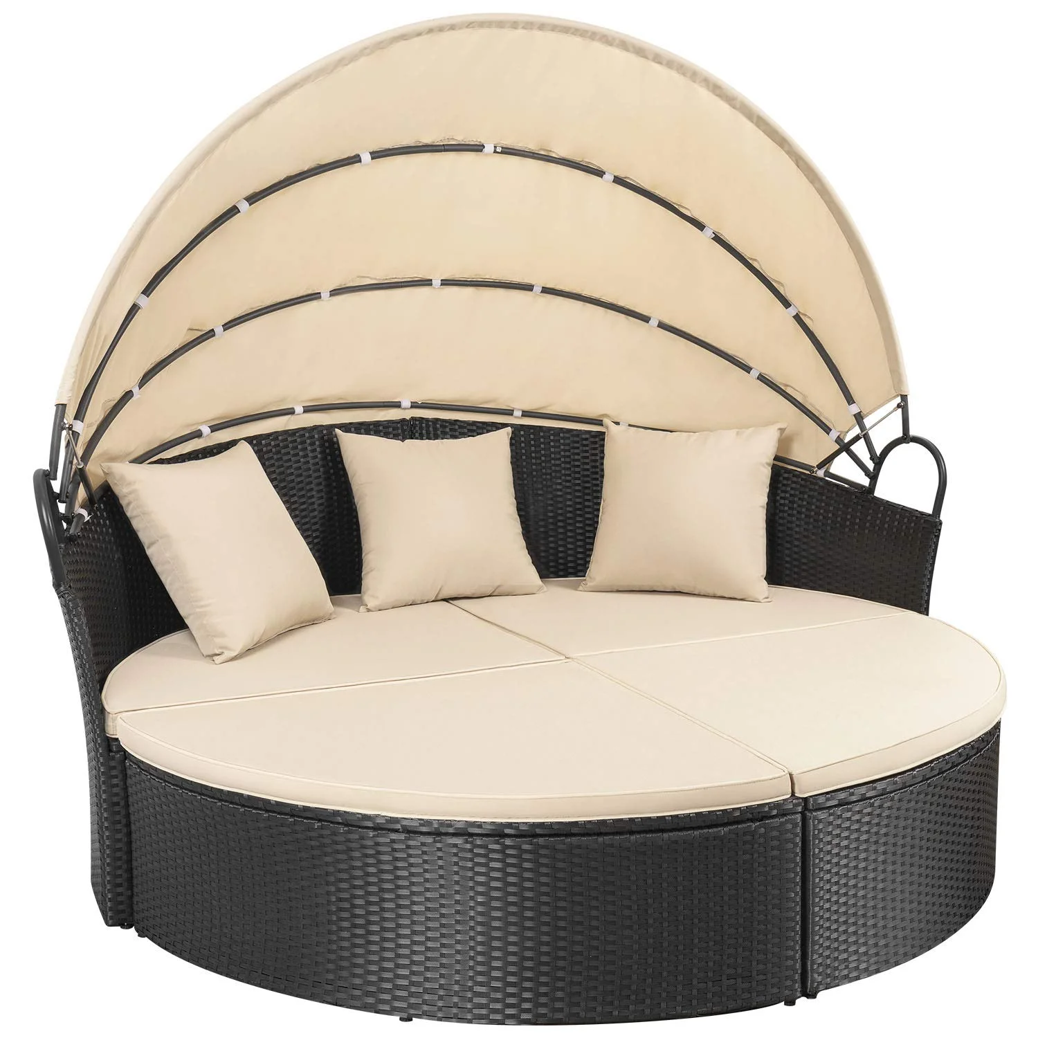 Lacoo Outdoor Patio Round Daybed with Retractable Canopy Wicker Furniture Sectional Seating with Washable Cushions for Patio Backyard Porch Pool Daybed Separated Seating (Beige)