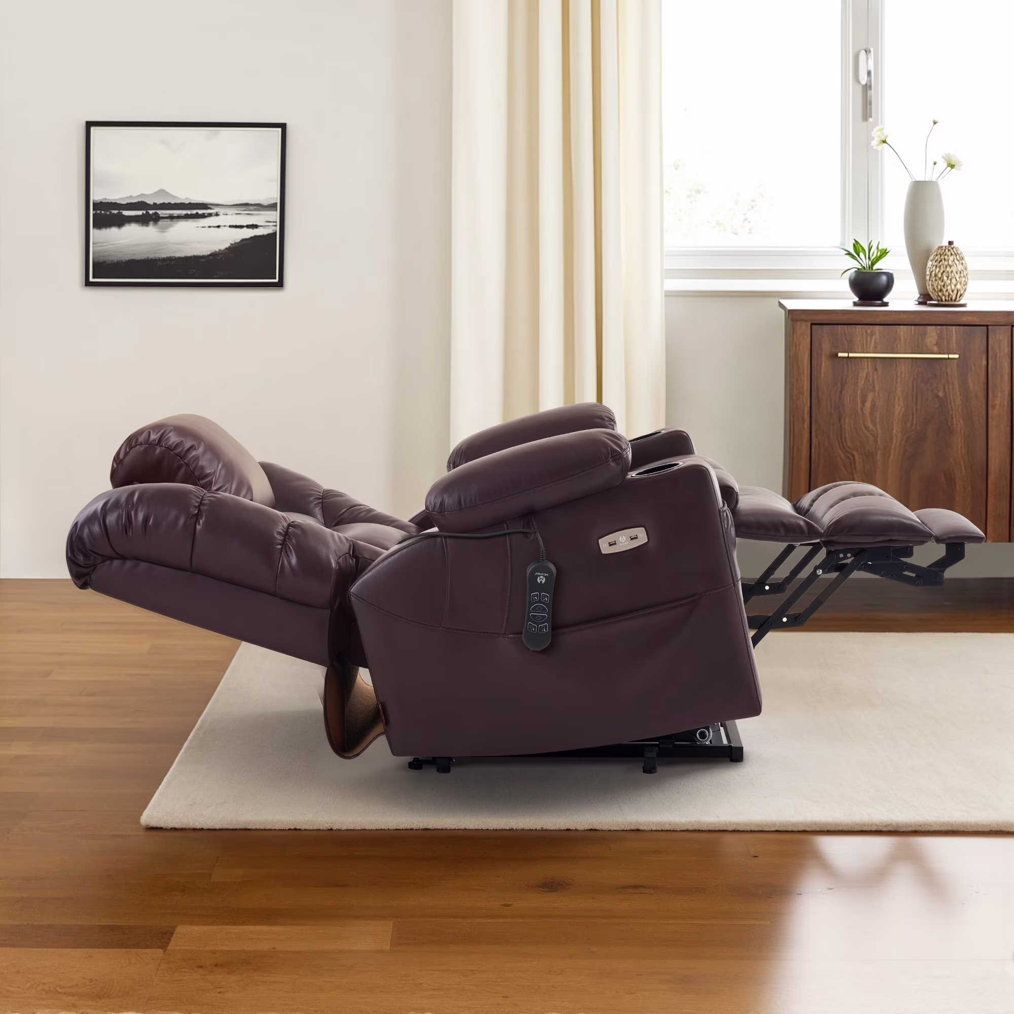 MCombo Triple Motor Power Lift Recliner for Elderly, Sleep Recliner Sofa with Adjustable Headrest, Faux Leather, Dark Brown