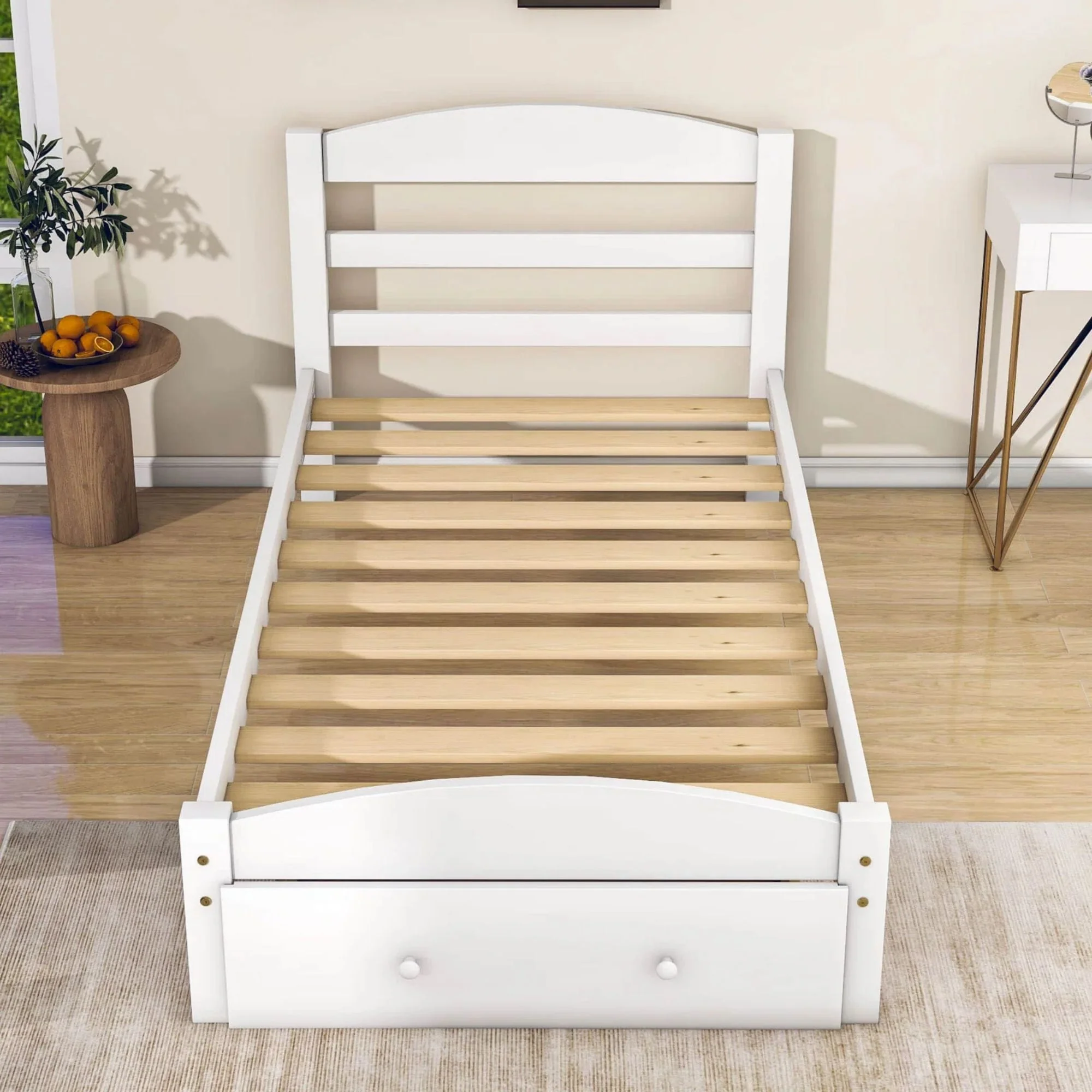 Twin Bed for Kids with Storage Drawer, Upgrade Pine Wood Bed Frame with Headboard and Footboard, Modern Kids Bed Furniture for Bedroom, Holds 275 lb, No Box Spring Needed, White