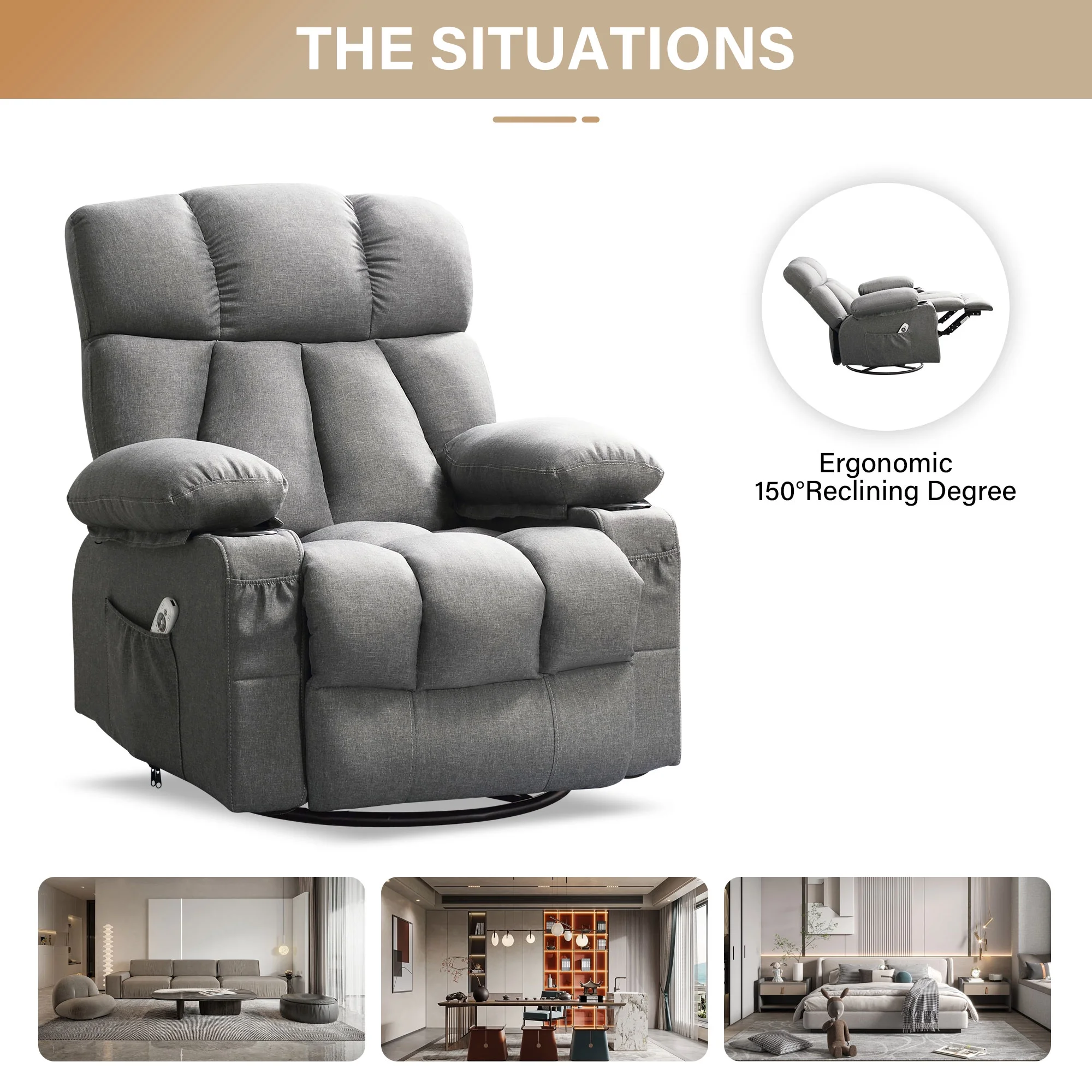JONPONY Manual Recliner Chair with Heat Therapy and Massage Function, Heavy Duty Reclining Mechanism Massage Chair, Elderly Single Rocker Sofa with Cup Holders for Bedroom Home Theater,Grey