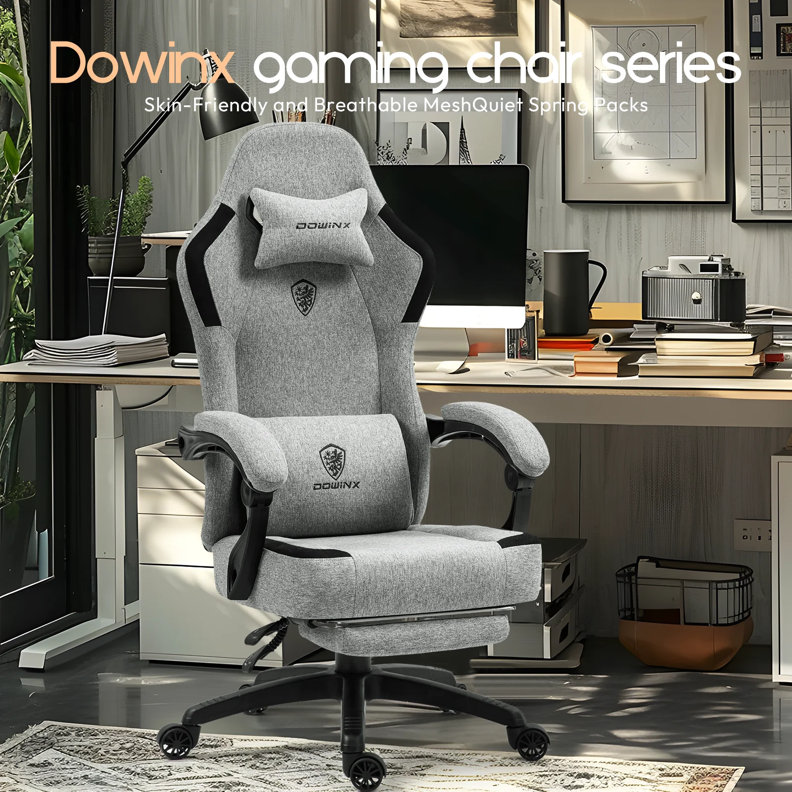 GOOSEA Fabric Gaming Chair with Pocket Spring Cushion, Breathable Computer Chair with Massage Lumbar Support and Footrest, High Back Office Chair for Adults, 300lbs, Grey