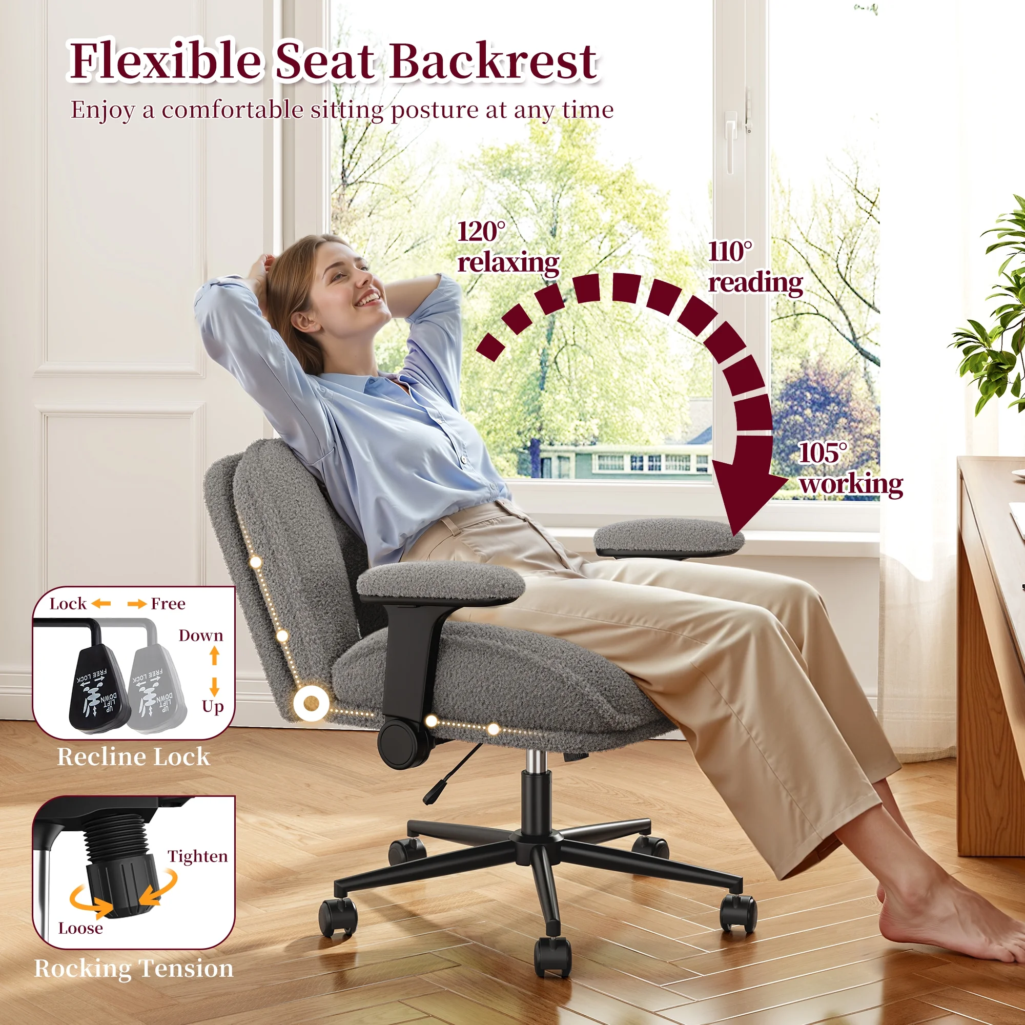 Romorgniz Criss Cross Chair with Adjustable Arms & Lumbar Support Office Chair with Reclining Back, Thick Cushion & Wheels for Office, Gaming, Reading, Vanity, Off-White