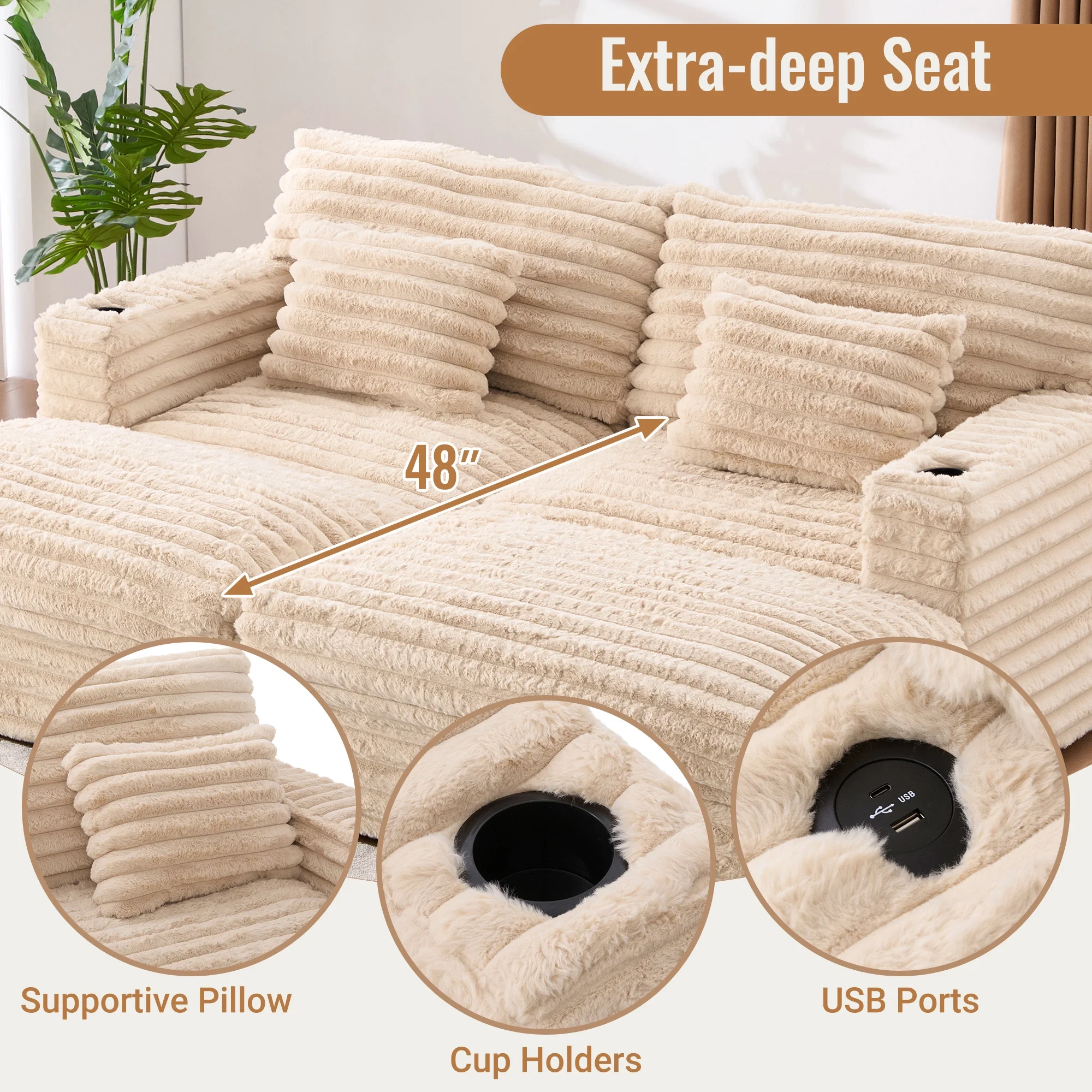 Oversized Double Chaise Lounge, Faux Fur Upholstered Deep Seat Sofa with 2 Pillows, 2 Cupholders, and Dual USB Ports