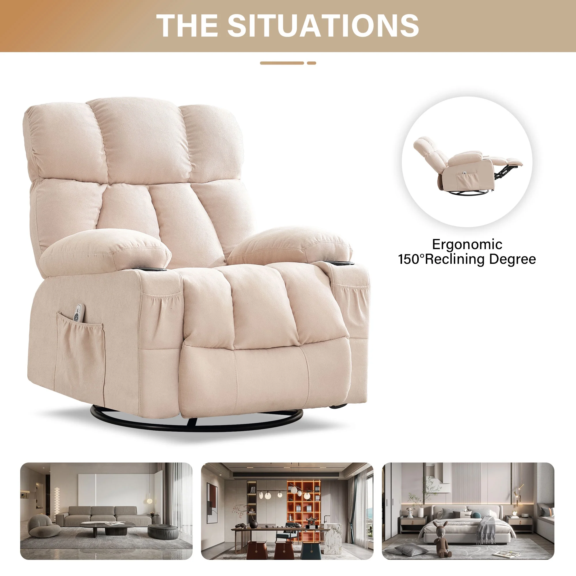 JONPONY Manual Recliner Chair with Heat Therapy and Massage Function, Heavy Duty Reclining Mechanism Massage Chair, Elderly Single Rocker Sofa with Cup Holders for Bedroom Home Theater,Grey