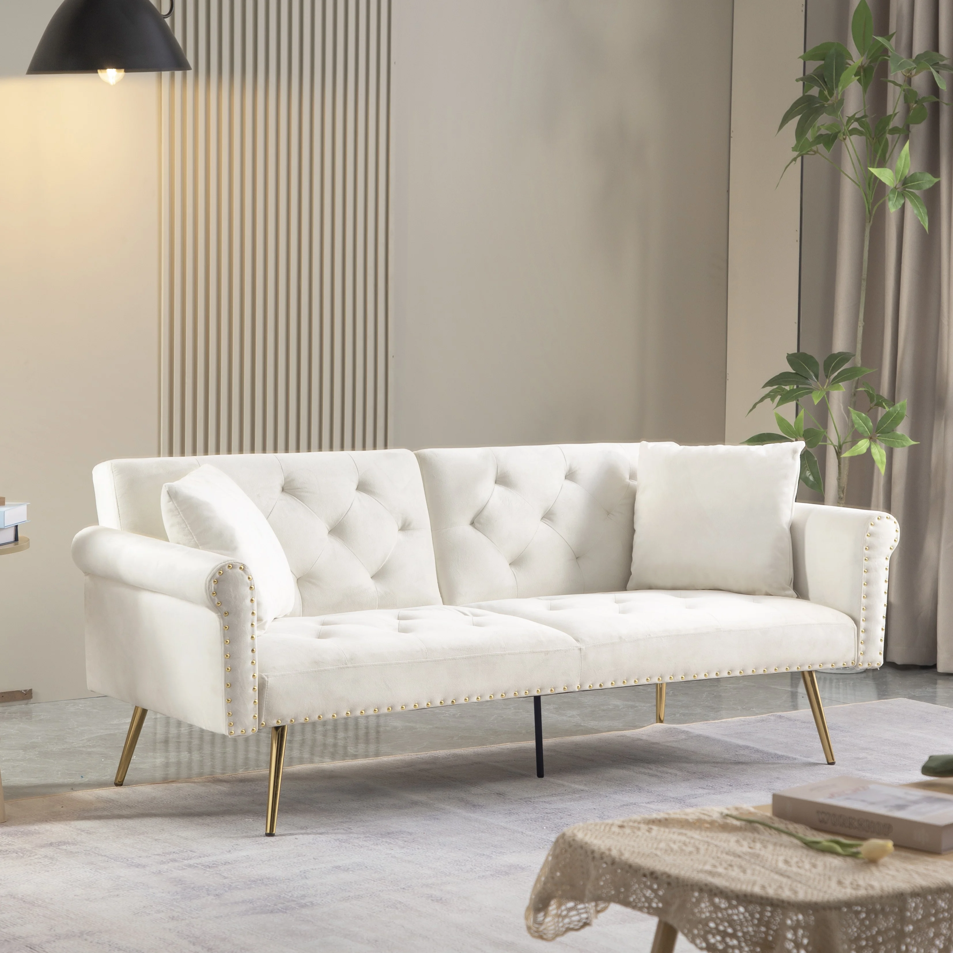 Convertible Futon Sofa Bed,Velvet Upholstered Nailhead Loveseat Sofa with Two Pillows,Modern Sleeper Couch Bed for Living Room,Bedroom,Green