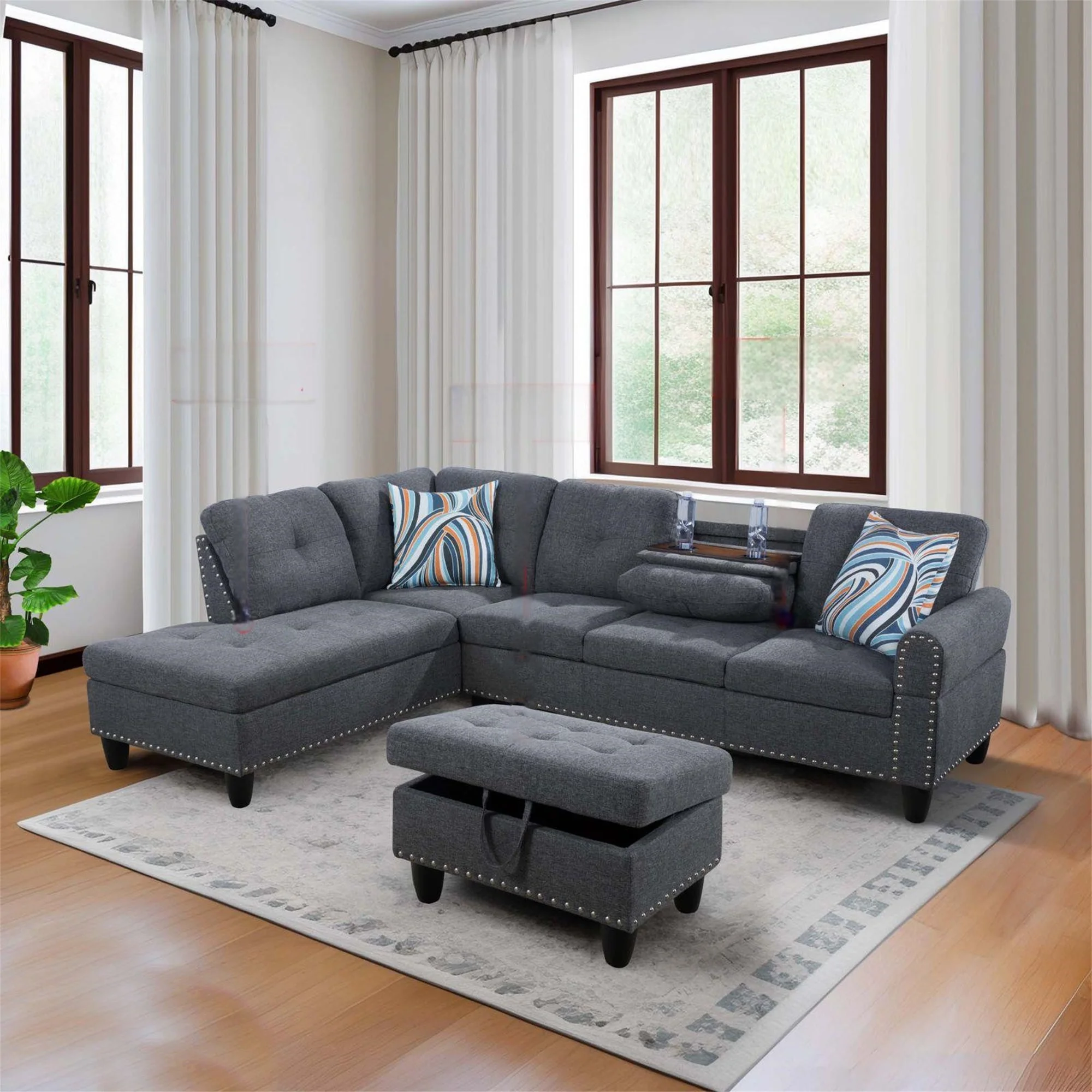 Aukfa 3 Piece Sectional Sofa, Living Room Couch with Storage Ottoman&Cup Holder, Linen, Left Hand, Black Gray