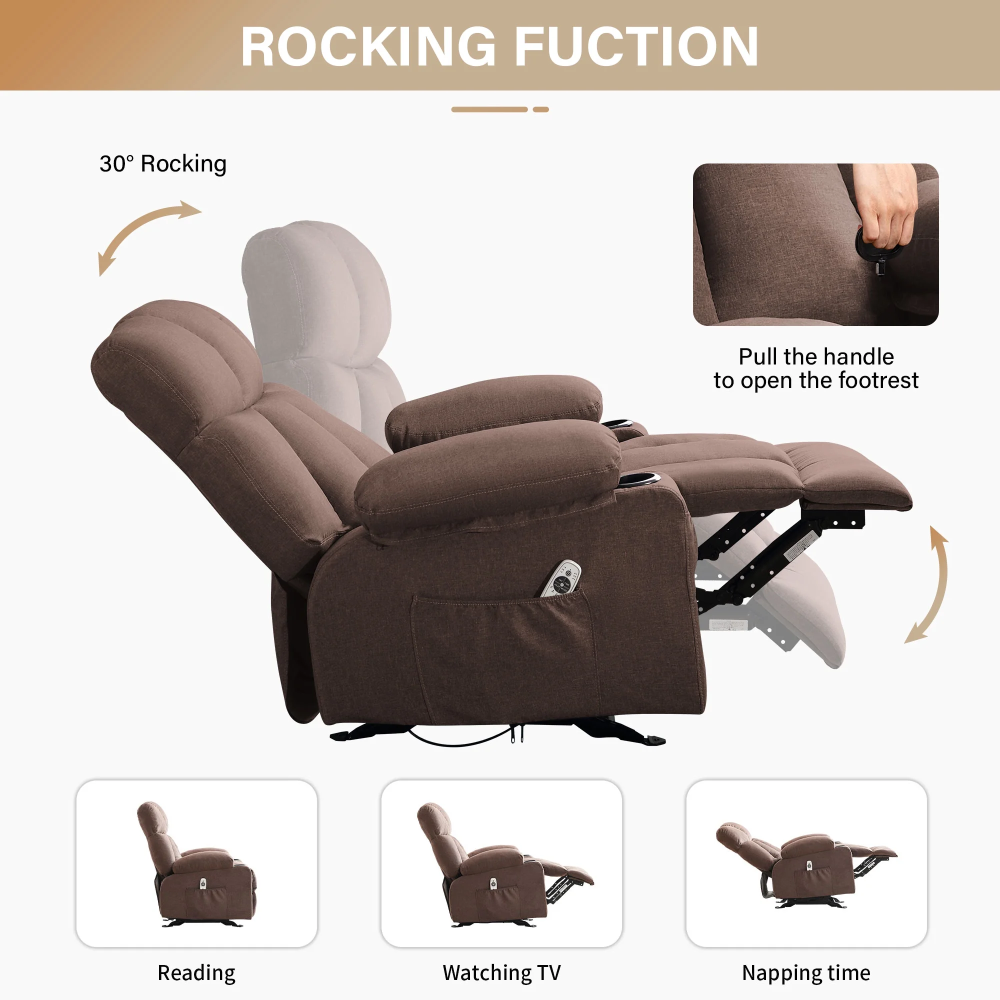 JONPONY Manual Recliner Chair with Heat Therapy and Massage Function, Heavy Duty Reclining Mechanism Massage Chair, Elderly Single Rocker Sofa with Cup Holders for Bedroom Home Theater,Grey
