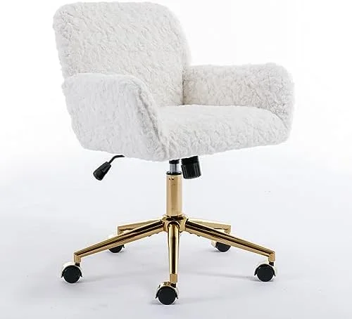 Fluffy Desk Chair,Height Adjustable Vanity Chair with Wheels,Comfortable Faux Fur Desk Chair with goldenn Base, Arm Chair for Bedroom,Living Room,Vanity,Office