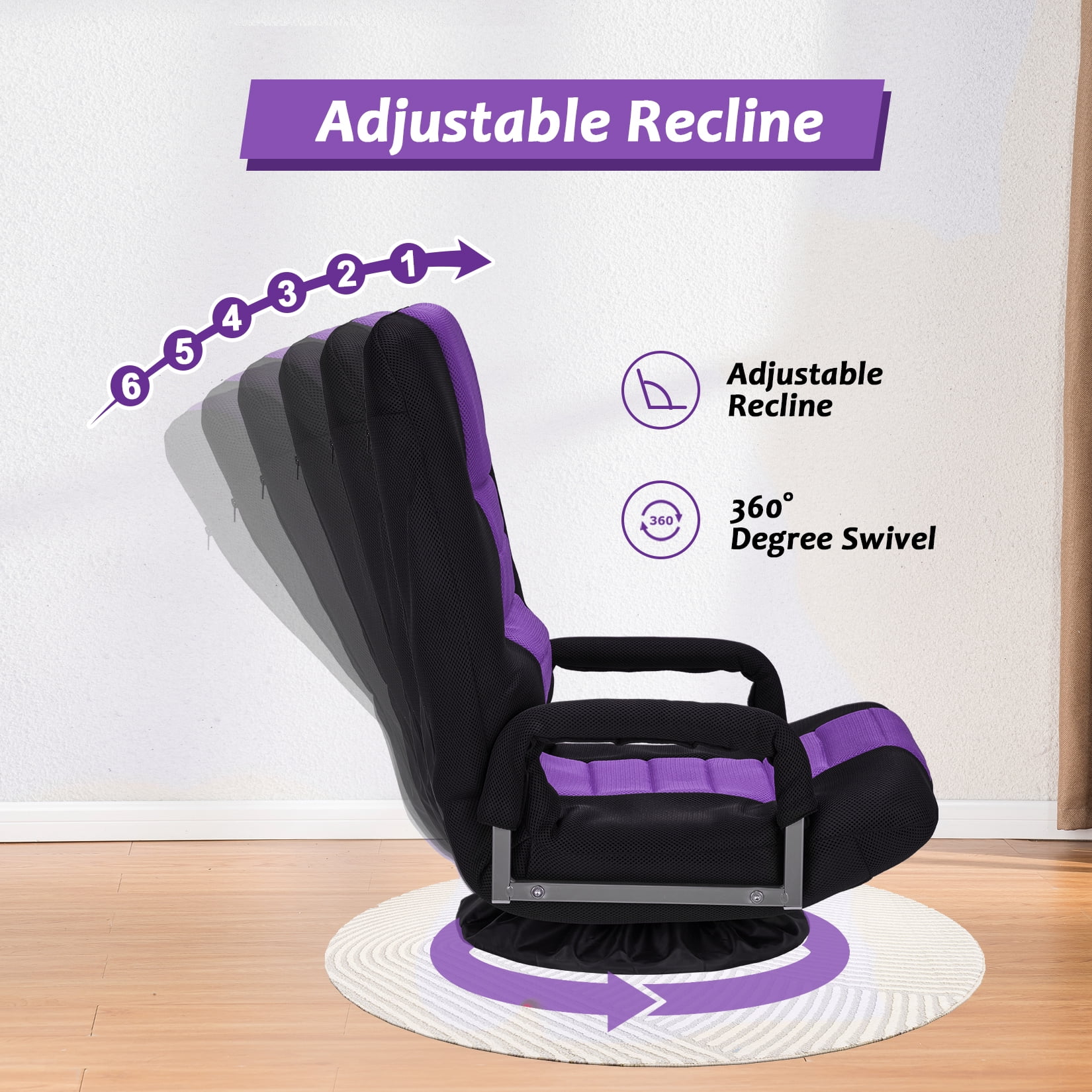 Avocahom Swivel Gaming Floor Chair w/ Armrest Handles, No Assembly gaming chair rocker, Folding Reclining Sofa w/6 Position Adjustable Backrest for Video Games, Watching TV, Reading,Blue