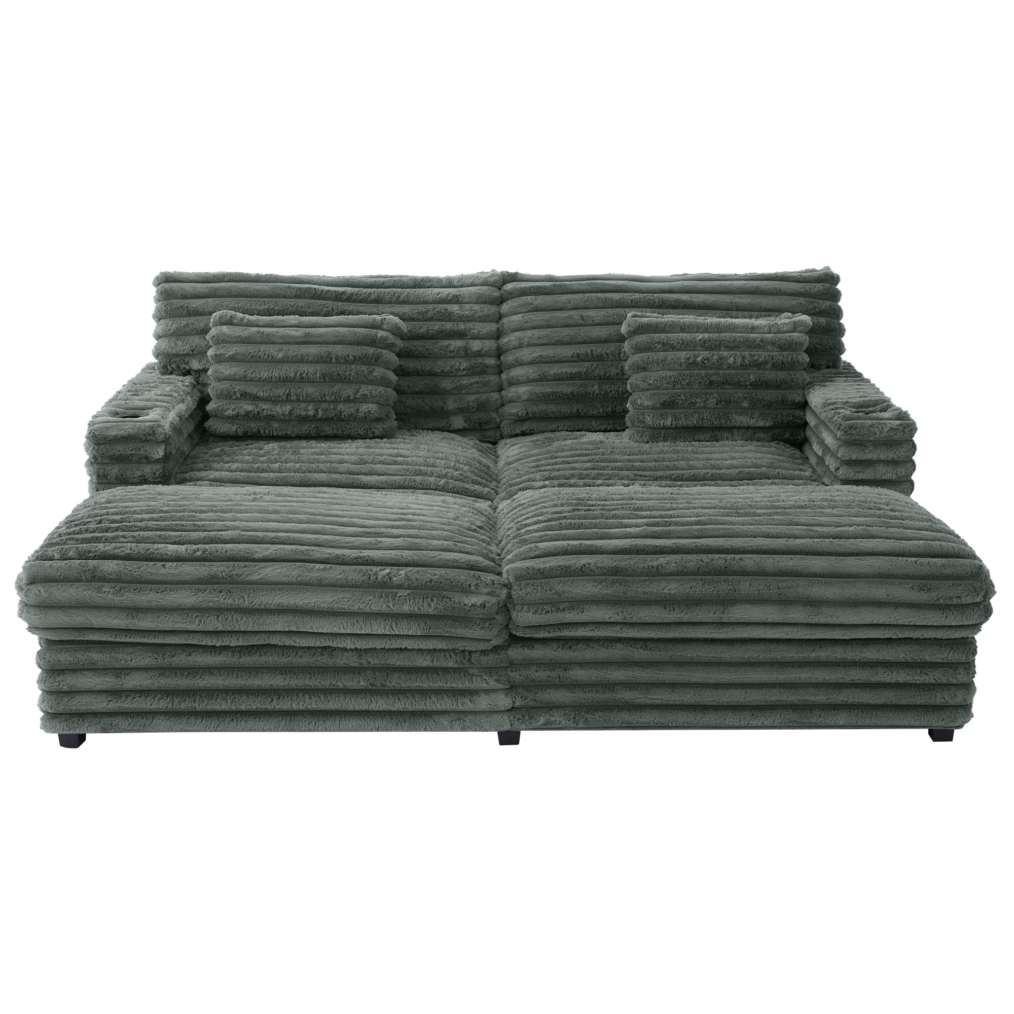 Oversized Double Chaise Lounge, Faux Fur Upholstered Deep Seat Sofa with 2 Pillows, 2 Cupholders, and Dual USB Ports