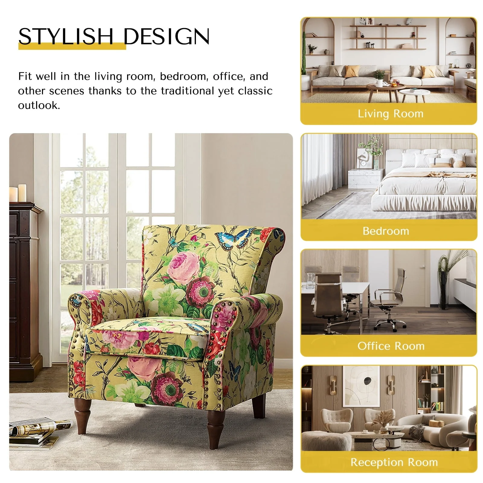 14 Karat Home Wingback Accent Chair Removable Cushion Floral Upholstered Sofa Armchair Couch Wood Legs Nailhead Trim Mustard