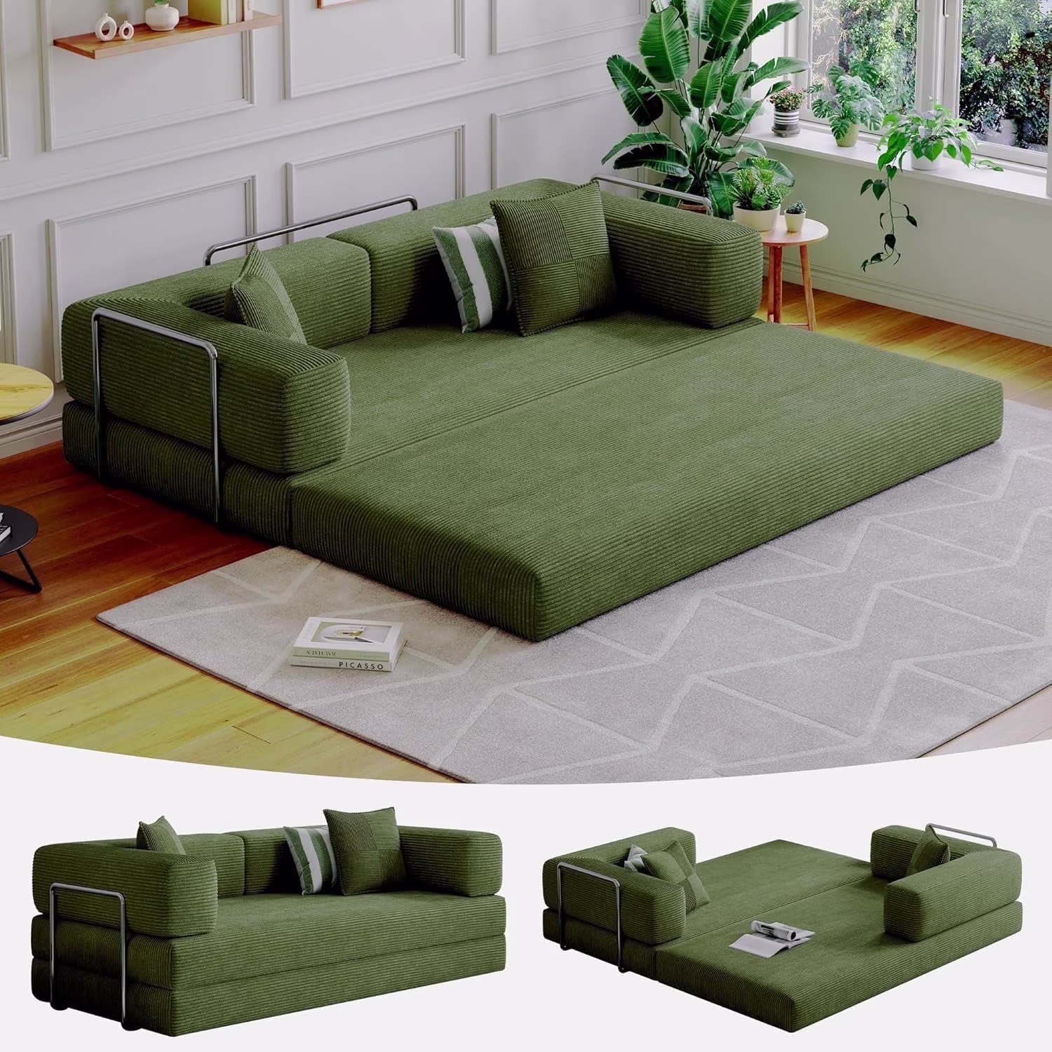 Convertible Sleeper Sofa Bed,Compressed Floor Boneless Couch,Modular Modern Corduroy Sofa for Living Room Bedroom -with Fixed-Shape Frame and Support Armrest,Easy Assembly(Green)