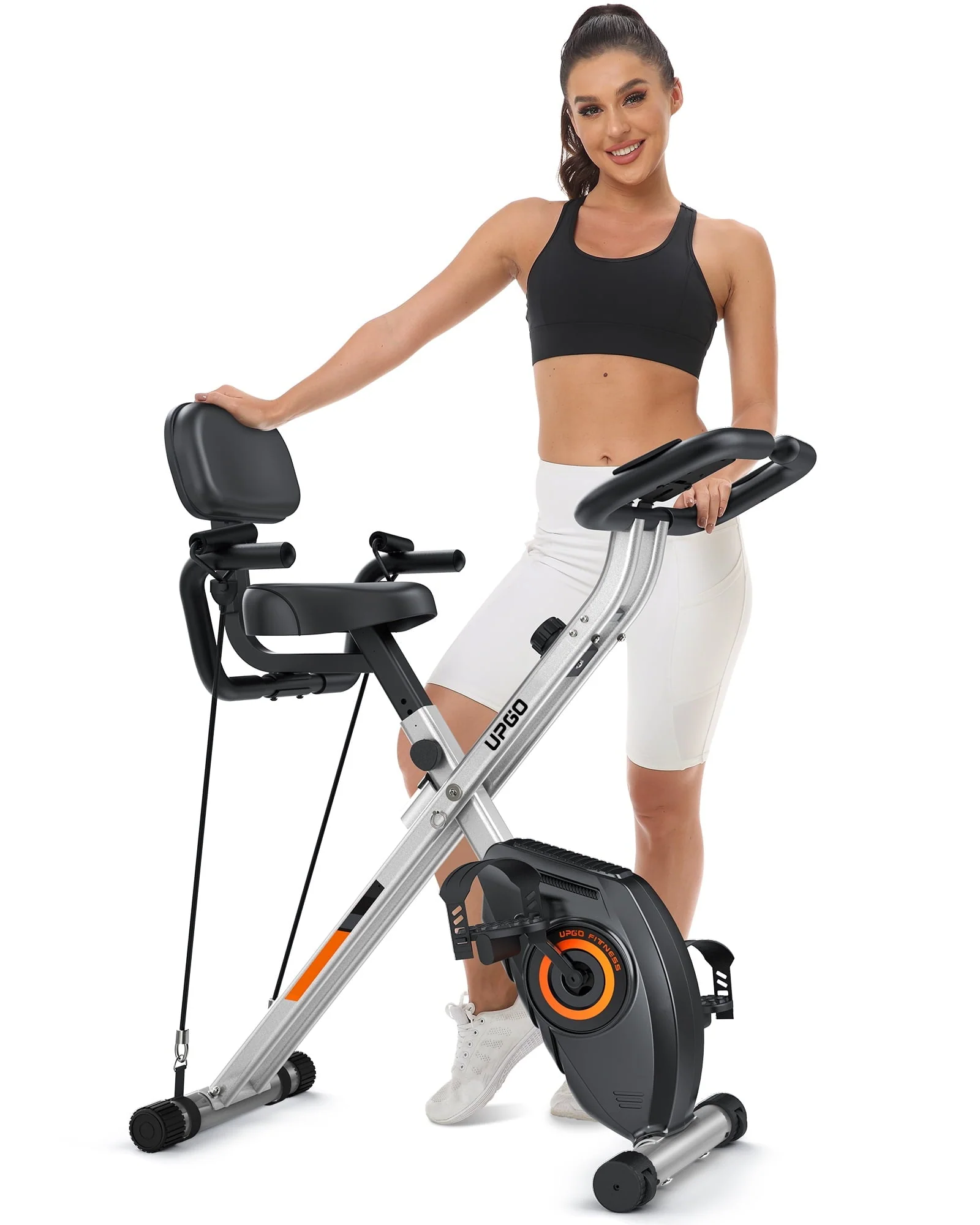 UPGO Folding Exercise Bike - 4 in 1 Upright Indoor Cycling Bike with 350lbs Capacity Foldable Stationary Bike  with Large Comfortable Seat Cushion and Arm Resistance Band, Pulse Sensor